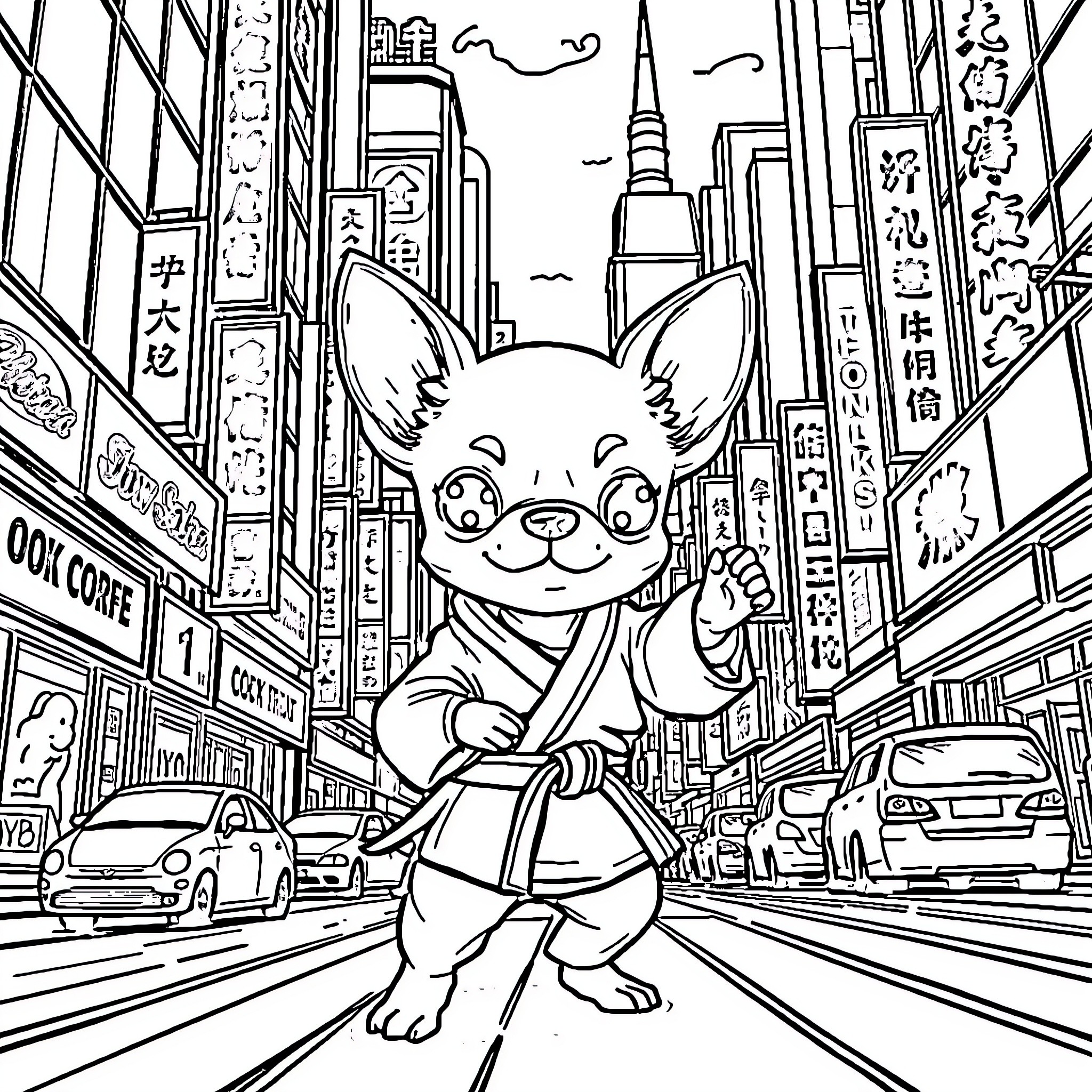 Chihuahua exploring bustling city streets Coloring Page (free black-and-white line drawing printable PDF for all, from beginners to advanced learners, including children, teens, adults, and seniors)
