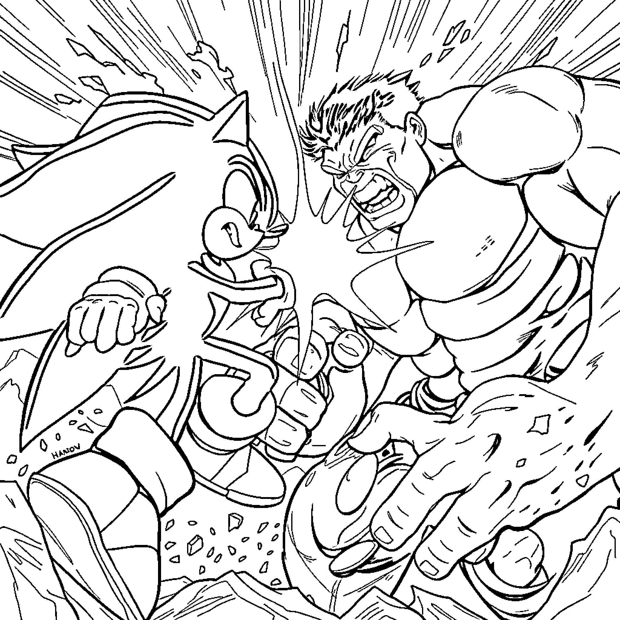 Sonic in an intense battle with a powerful foe Coloring Page (free black-and-white line drawing printable PDF for all, from beginners to advanced learners, including children, teens, adults, and seniors)
