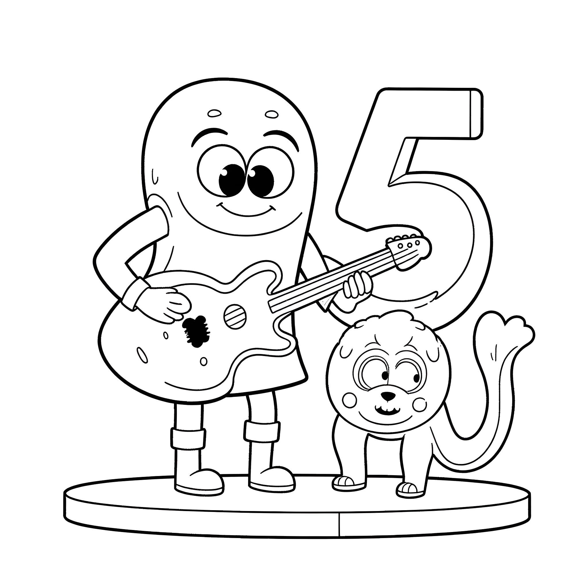 Numberblock 5 playing guitar with cat companion Coloring Page (free black-and-white line drawing printable PDF for all, from beginners to advanced learners, including children, teens, adults, and seniors)