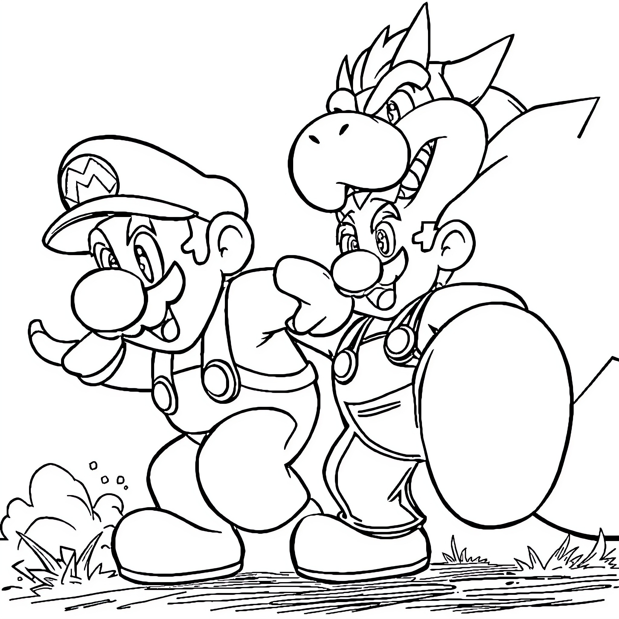 Mario and Bowser in comical adventure Coloring Page (free black-and-white line drawing printable PDF for all, from beginners to advanced learners, including children, teens, adults, and seniors)