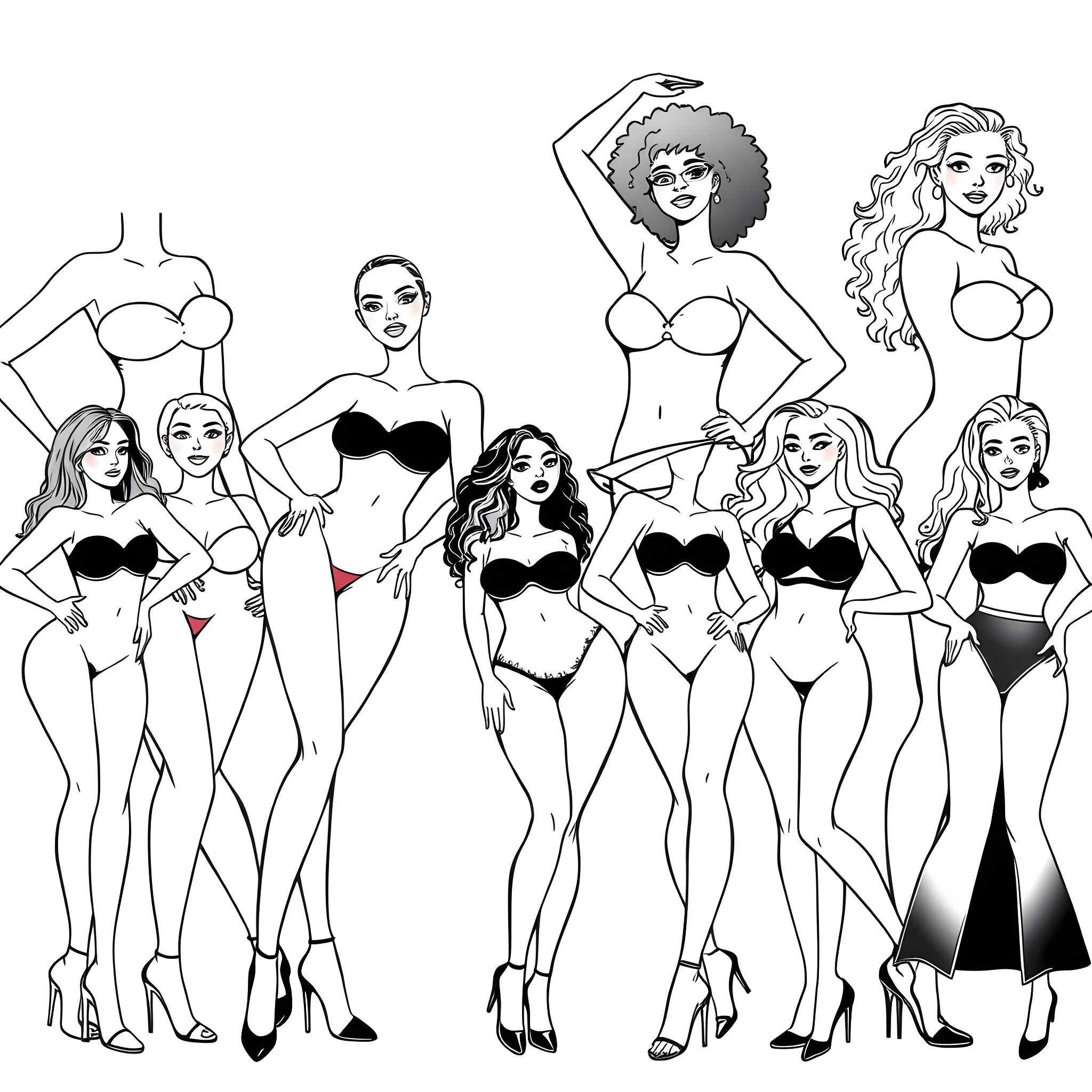 Women in diverse stylish bikinis and dresses Coloring Page (free black-and-white line drawing printable PDF for all, from beginners to advanced learners, including children, teens, adults, and seniors)