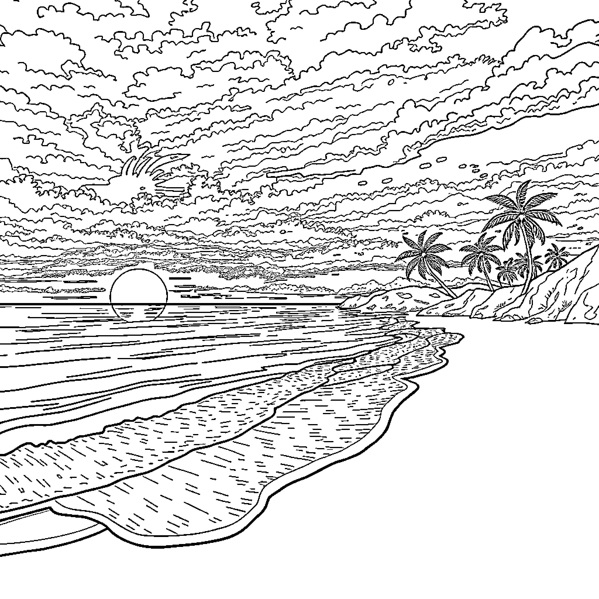 Beach scene with palm trees and sunset Coloring Page (free black-and-white line drawing printable PDF for all, from beginners to advanced learners, including children, teens, adults, and seniors)