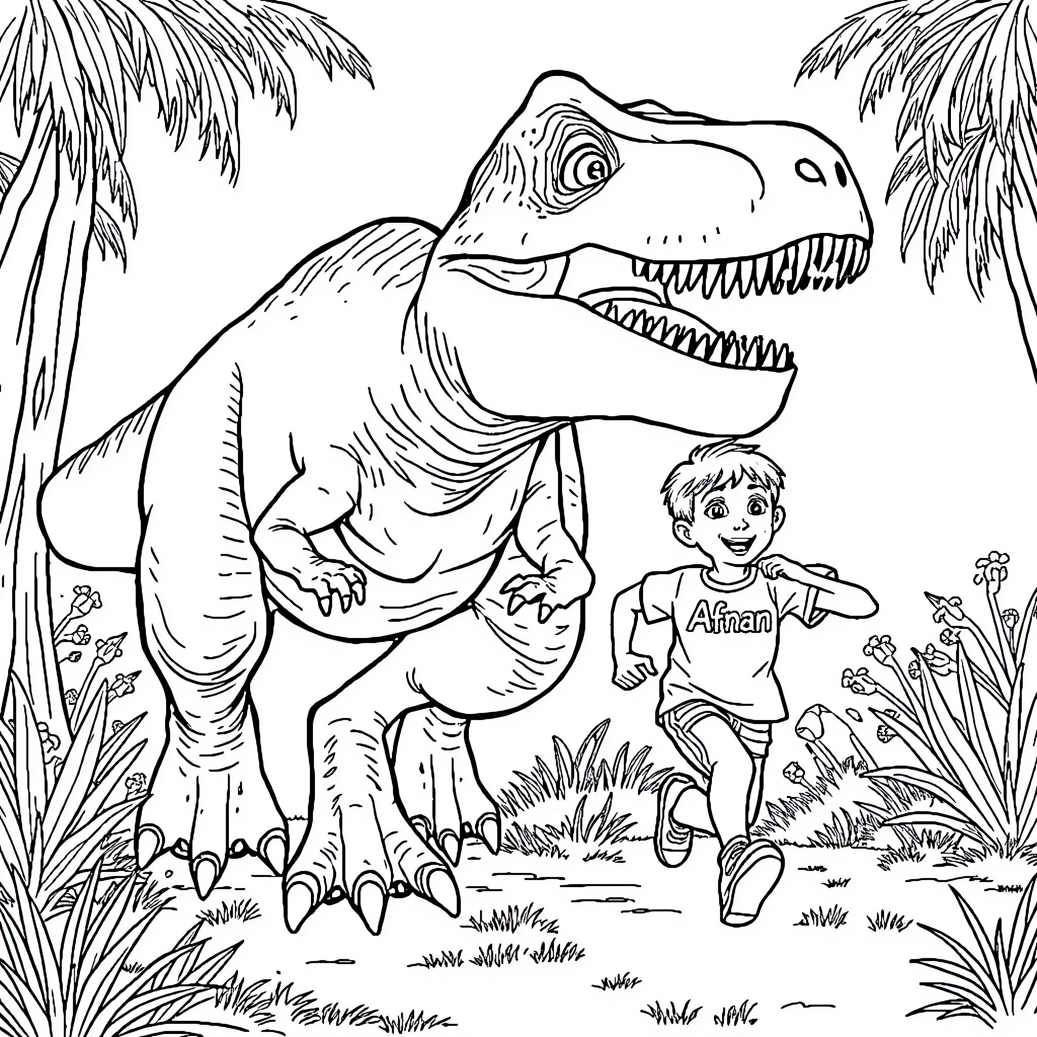 T-Rex Chasing a Boy in the Jungle Coloring Page (free black-and-white line drawing printable PDF for all, from beginners to advanced learners, including children, teens, adults, and seniors)