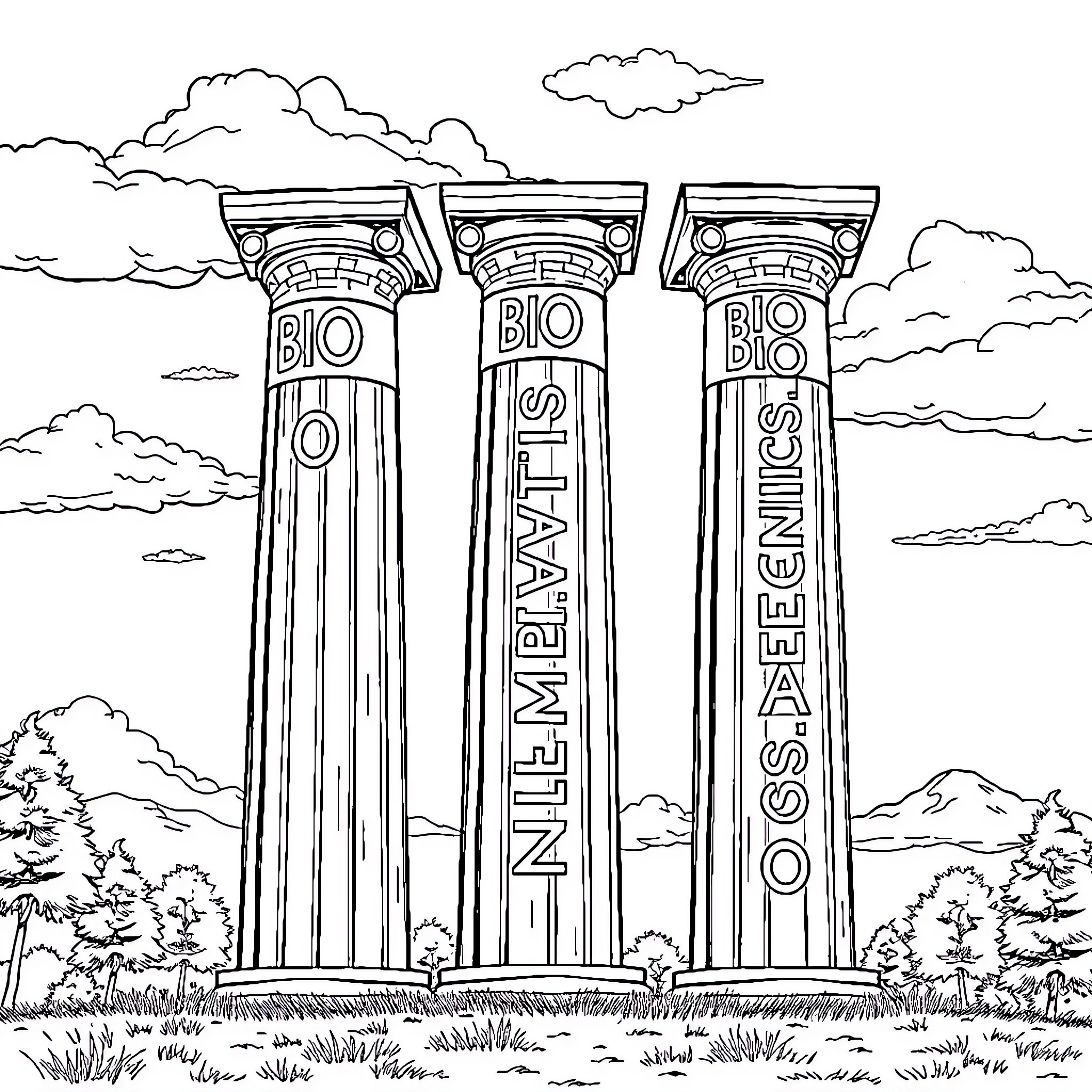 Pillar monuments with inscriptions in the landscape Coloring Page (free black-and-white line drawing printable PDF for all, from beginners to advanced learners, including children, teens, adults, and seniors)