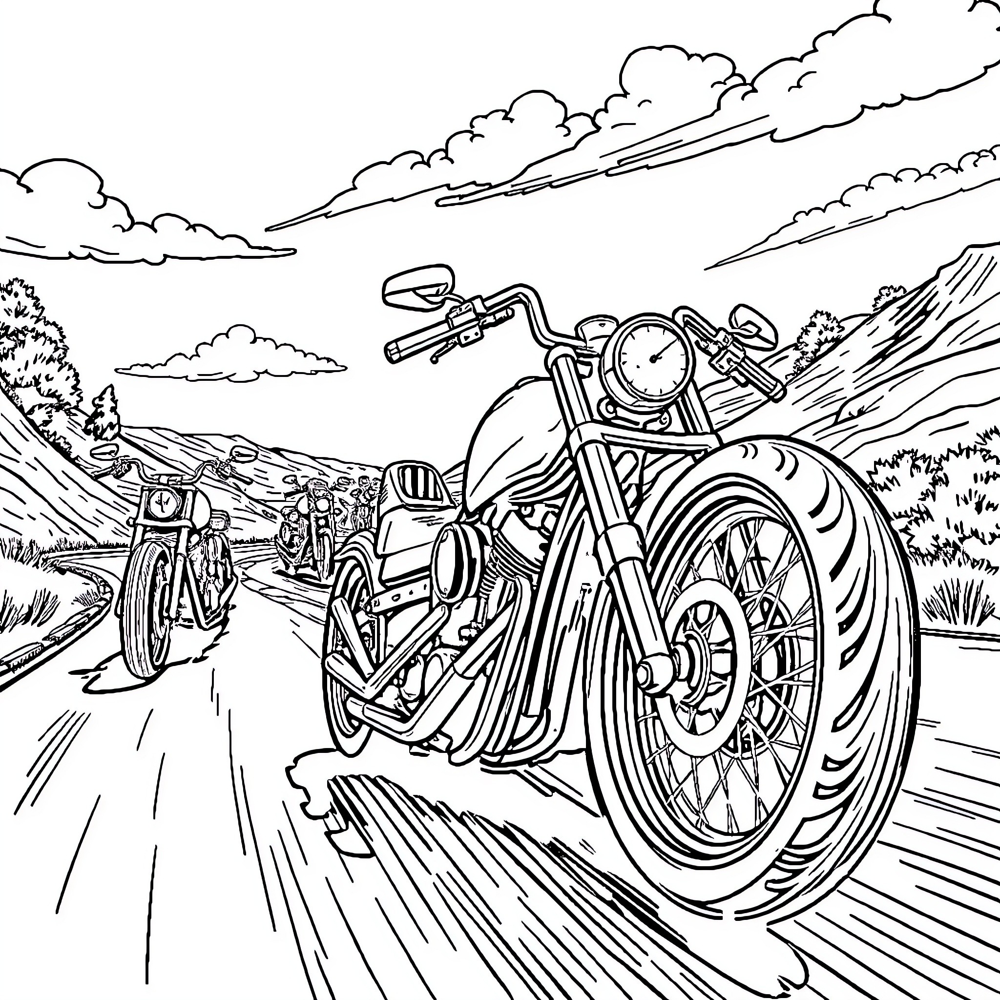 Chopper speeding through rugged terrain Coloring Page (free black-and-white line drawing printable PDF for all, from beginners to advanced learners, including children, teens, adults, and seniors)
