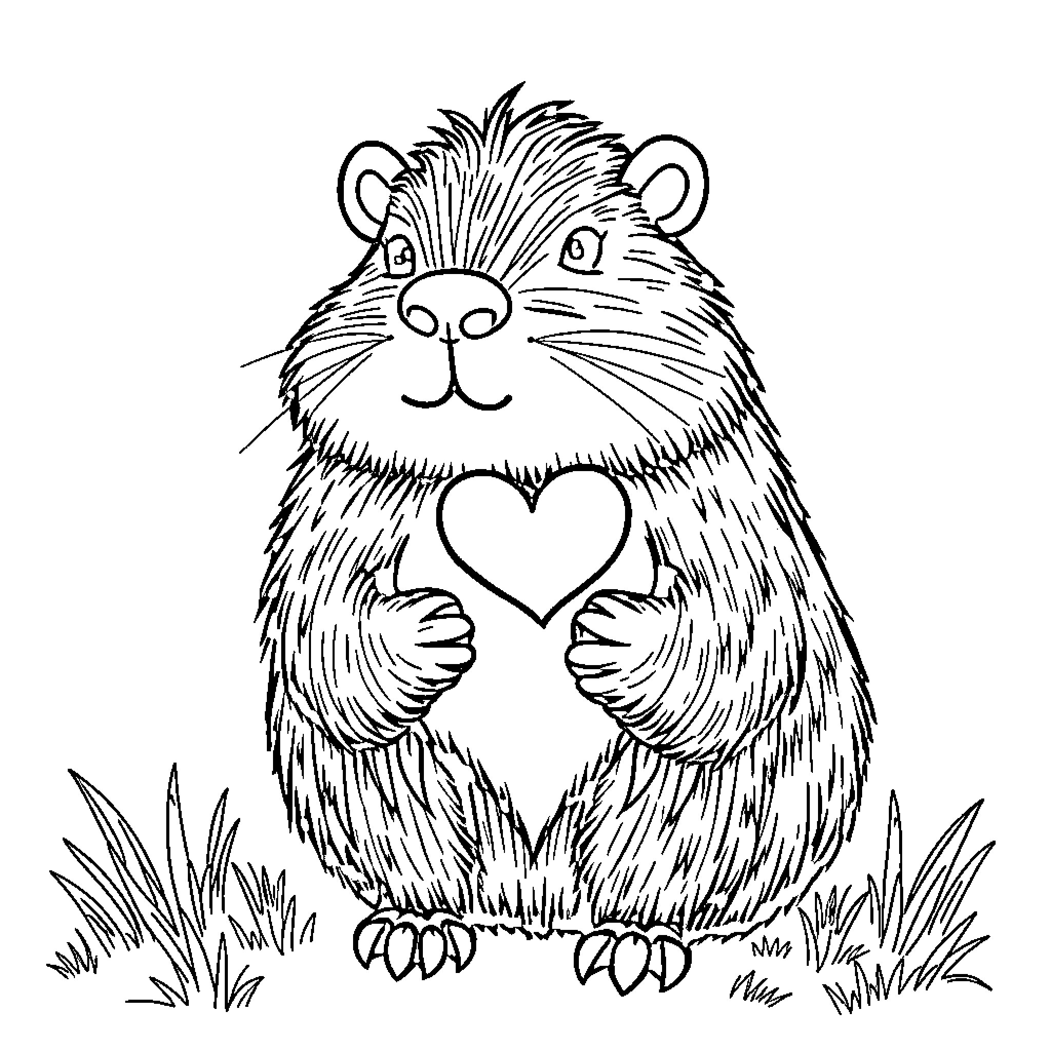 Capybara holding a heart shape in the grass Coloring Page (free black-and-white line drawing printable PDF for all, from beginners to advanced learners, including children, teens, adults, and seniors)