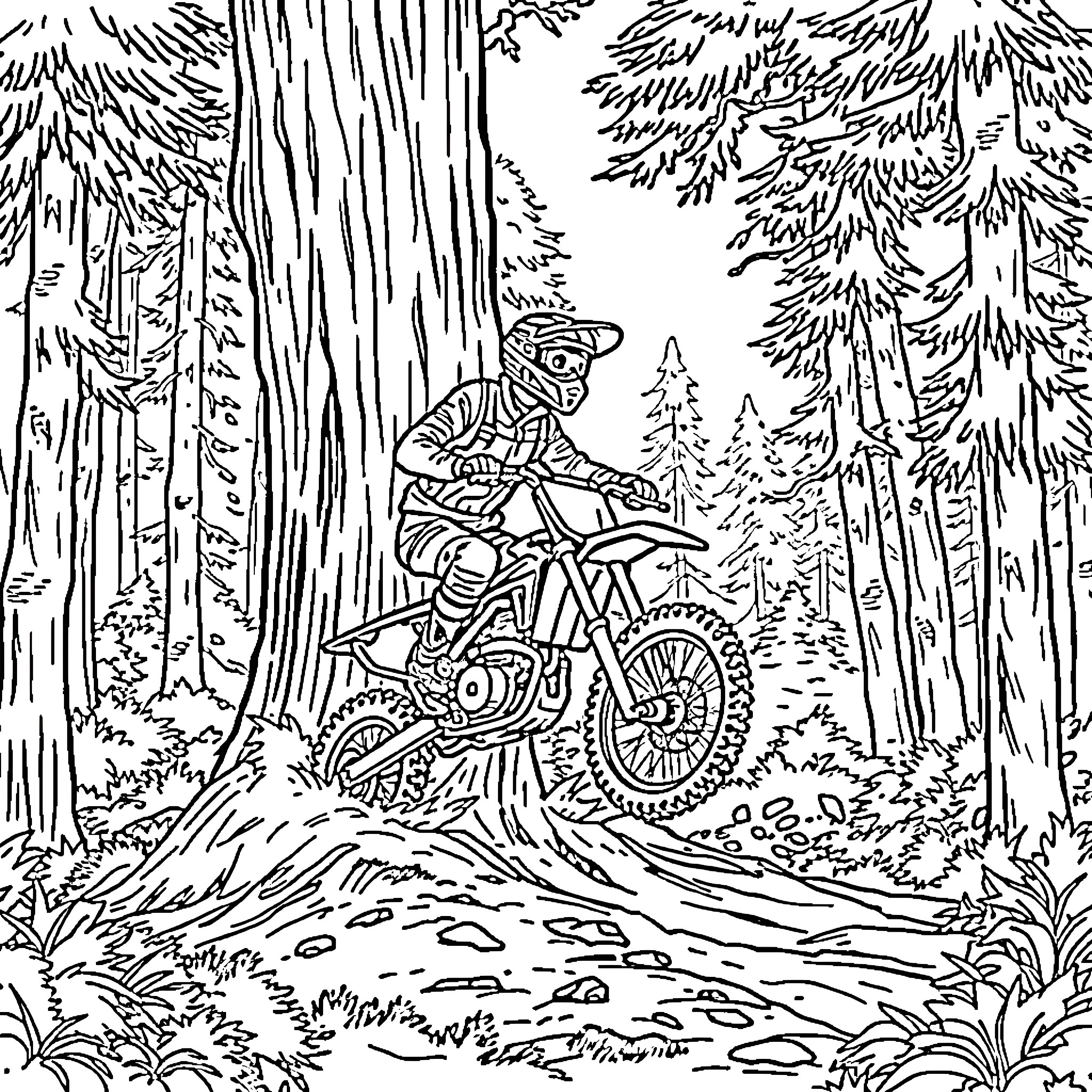 Dirt Bike Racing Through the Forest Coloring Page (free black-and-white line drawing printable PDF for all, from beginners to advanced learners, including children, teens, adults, and seniors)