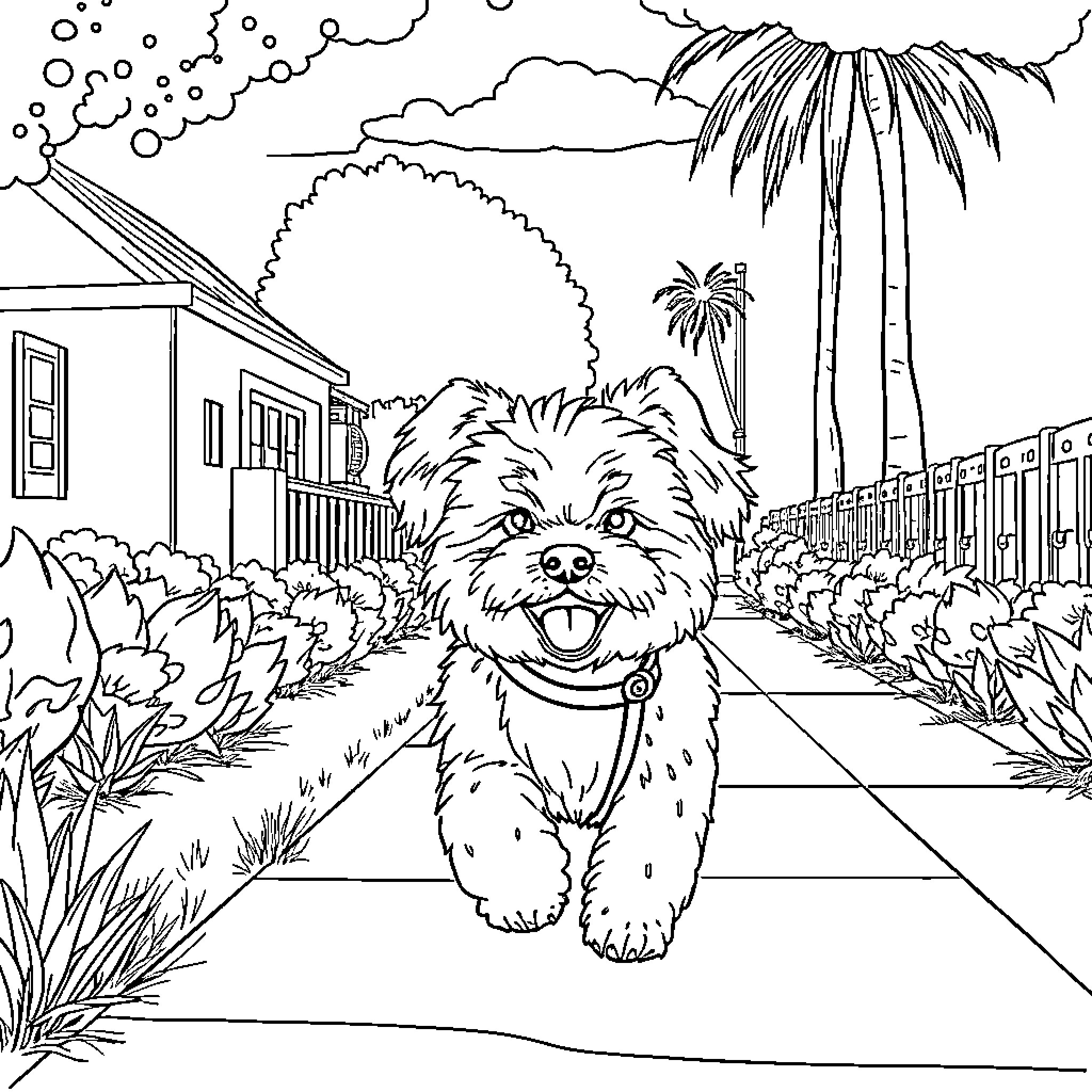 Bichon frolicking happily in a tropical neighborhood Coloring Page (free black-and-white line drawing printable PDF for all, from beginners to advanced learners, including children, teens, adults, and seniors)