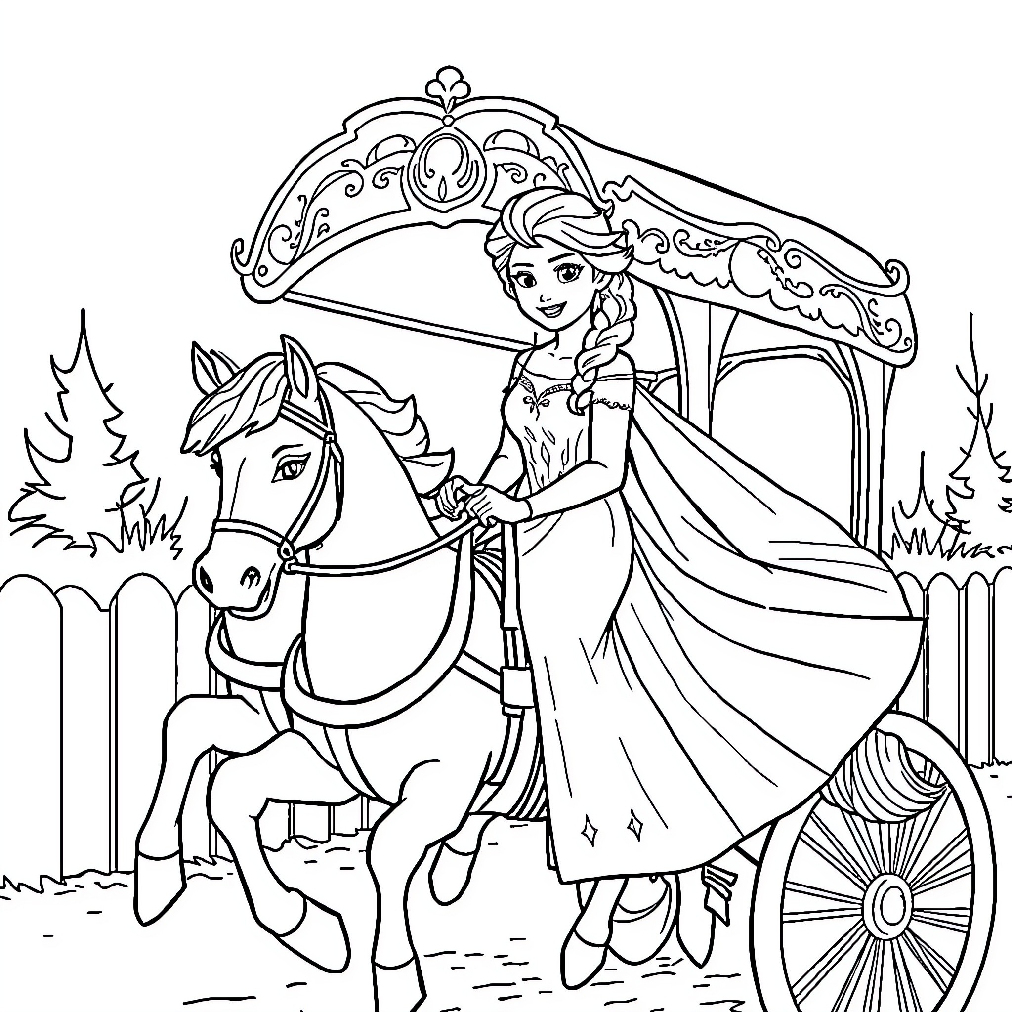 Elsa riding a horse-drawn carriage in a garden Coloring Page (free black-and-white line drawing printable PDF for all, from beginners to advanced learners, including children, teens, adults, and seniors)