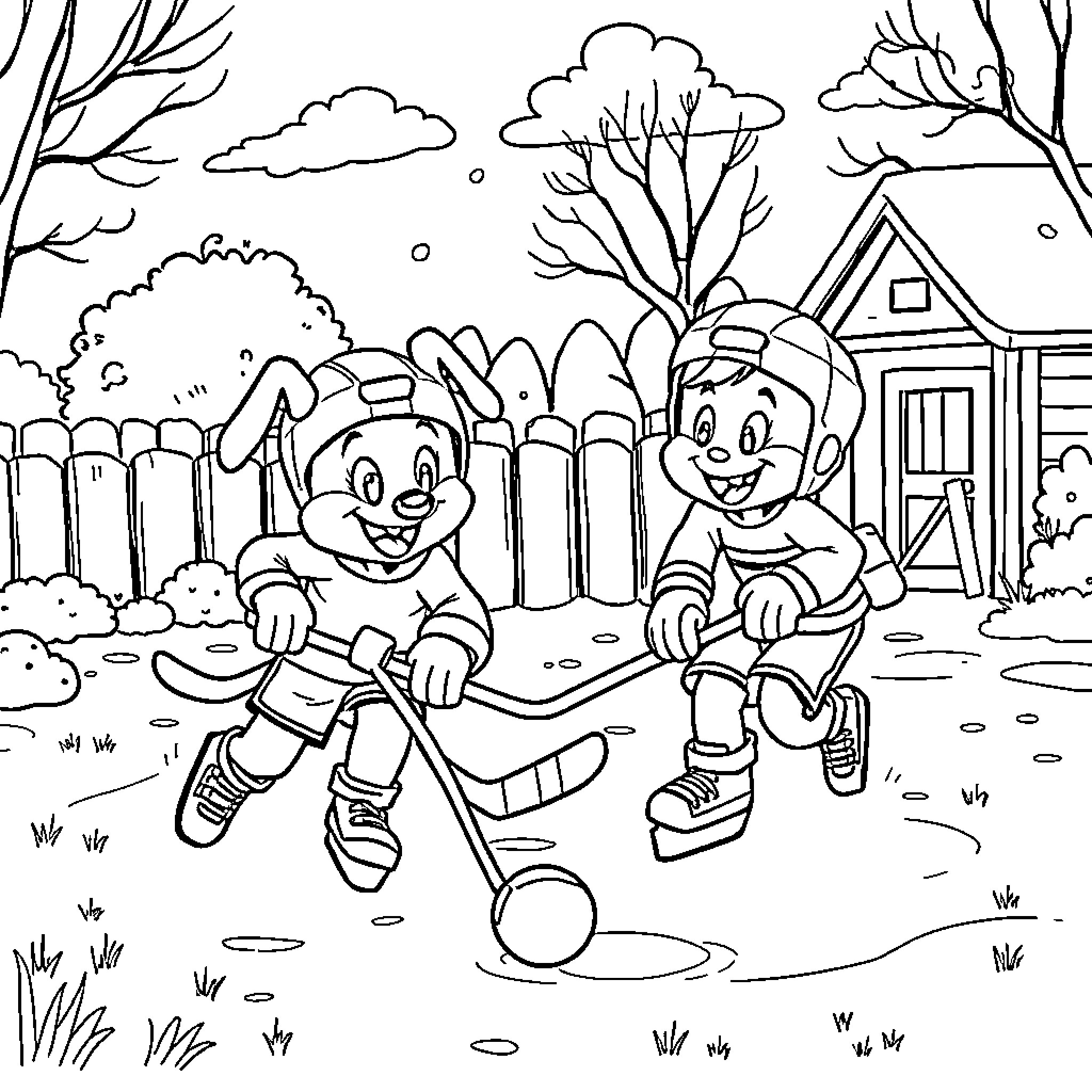 Bluey friends playing in the backyard Coloring Page (free black-and-white line drawing printable PDF for all, from beginners to advanced learners, including children, teens, adults, and seniors)
