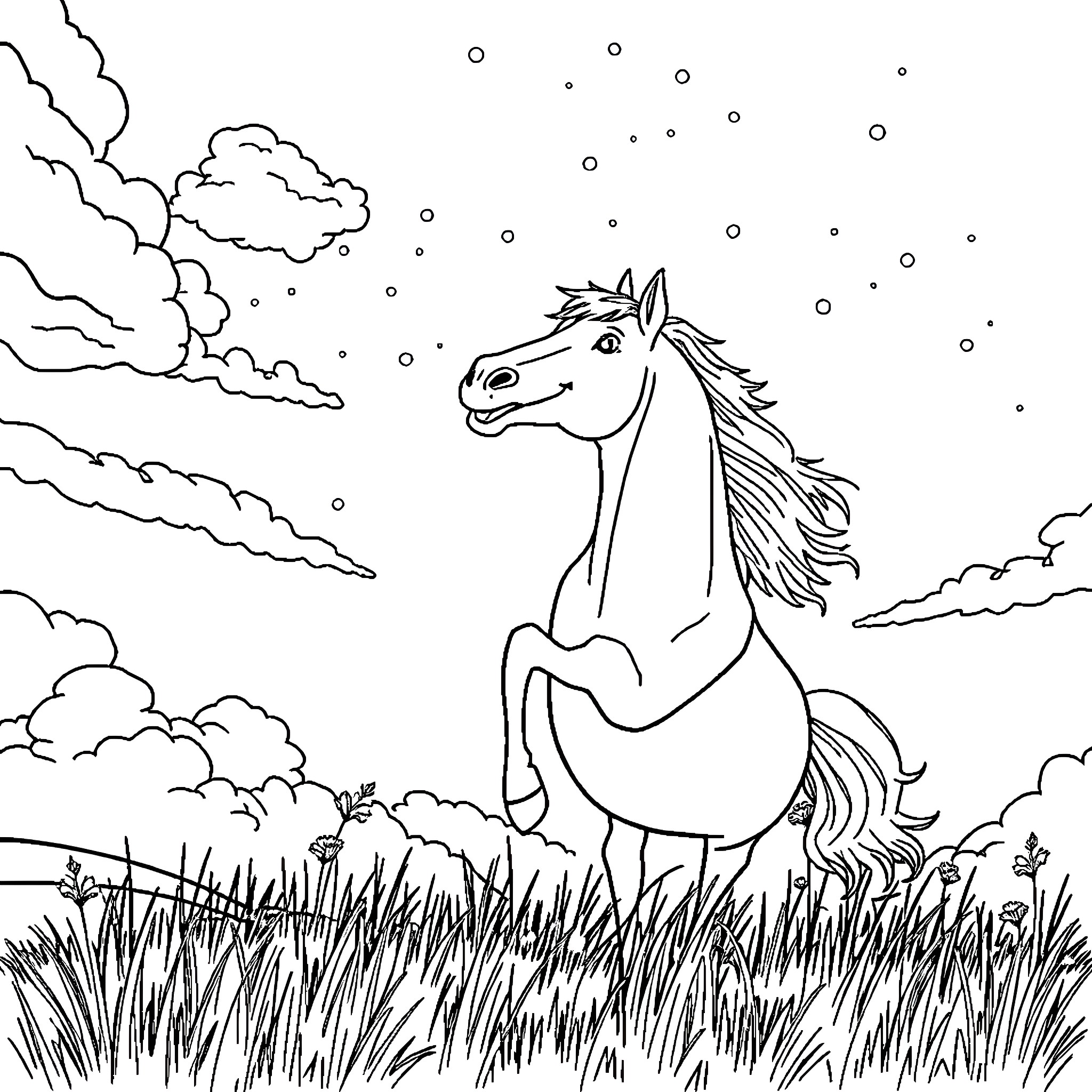 Singing Horse in a Snowy Winter Landscape Coloring Page (free black-and-white line drawing printable PDF for all, from beginners to advanced learners, including children, teens, adults, and seniors)