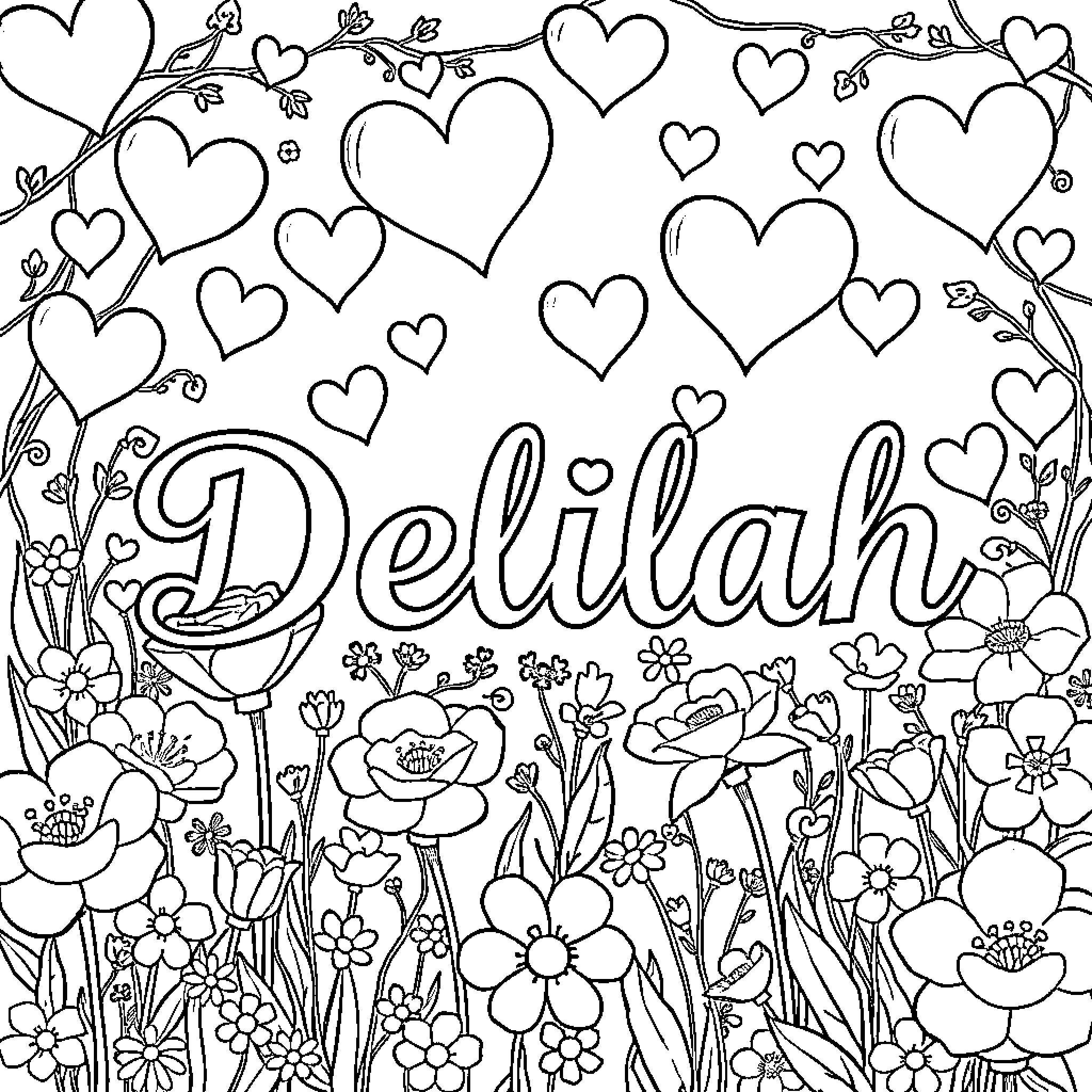 Heart-Filled Floral Delight Coloring Page (free black-and-white line drawing printable PDF for all, from beginners to advanced learners, including children, teens, adults, and seniors)