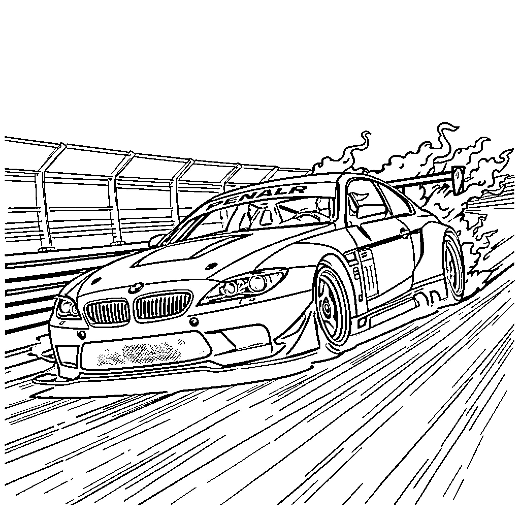 BMW racing car speeding on the track Coloring Page (free black-and-white line drawing printable PDF for all, from beginners to advanced learners, including children, teens, adults, and seniors)