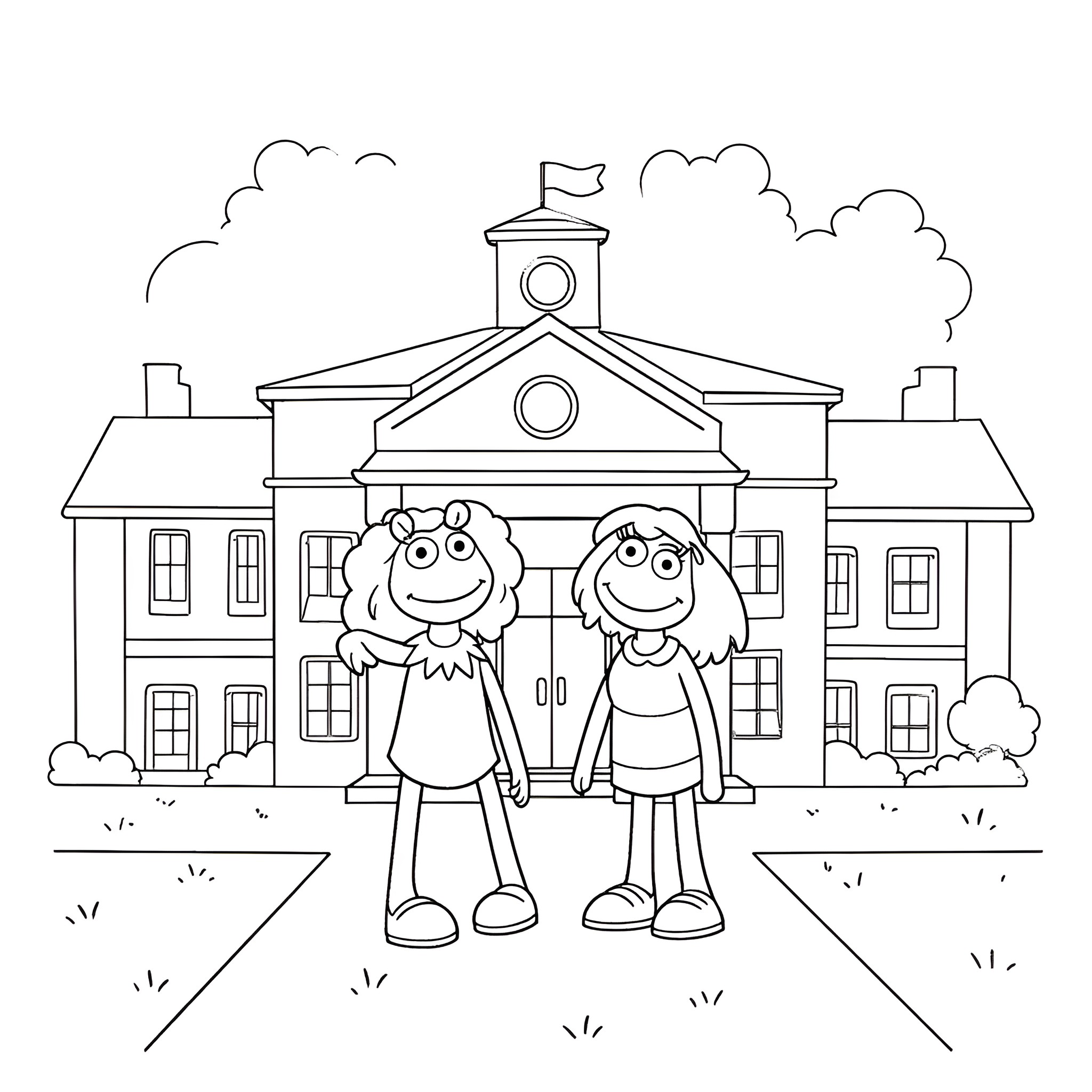 Muppet friends in front of school building Coloring Page (free black-and-white line drawing printable PDF for all, from beginners to advanced learners, including children, teens, adults, and seniors)