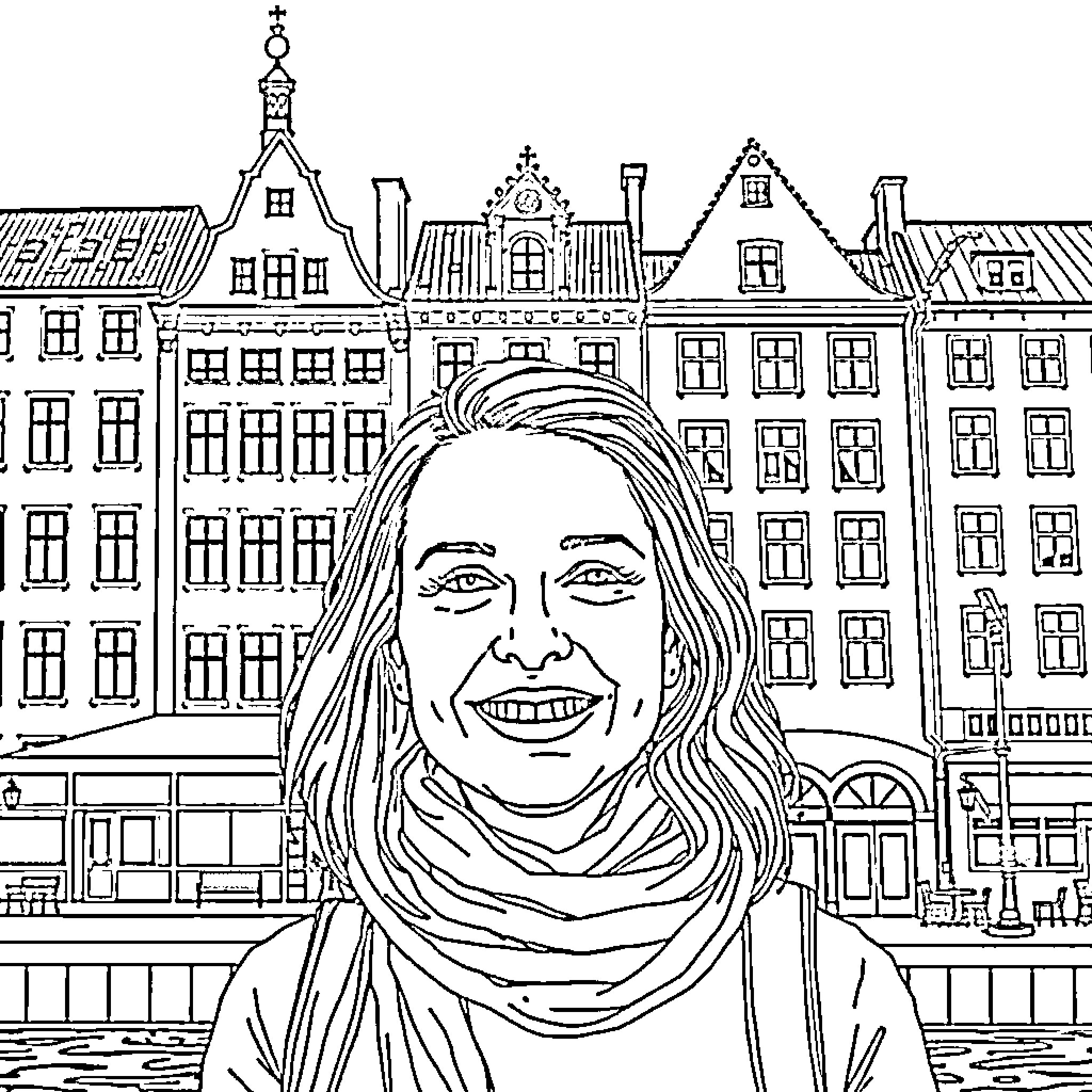 Stockholm smiling person in historic urban setting Coloring Page (free black-and-white line drawing printable PDF for all, from beginners to advanced learners, including children, teens, adults, and seniors)