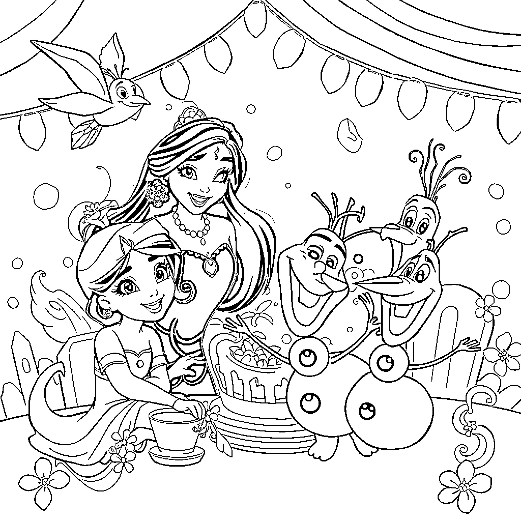 Disney Characters in Winter Holiday Celebration Coloring Page (free black-and-white line drawing printable PDF for all, from beginners to advanced learners, including children, teens, adults, and seniors)