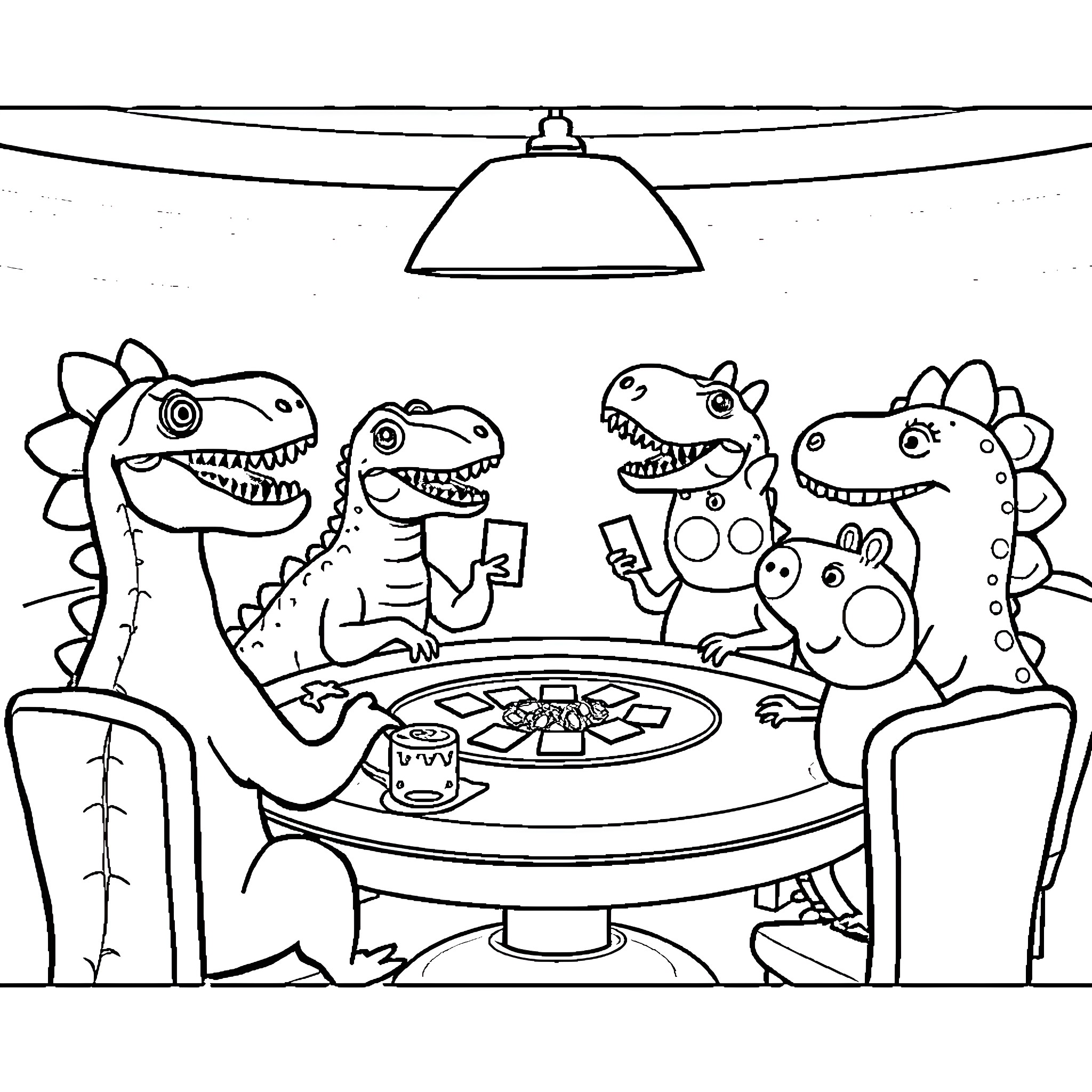 Dinosaurs Playing Game at Table Coloring Page (free black-and-white line drawing printable PDF for all, from beginners to advanced learners, including children, teens, adults, and seniors)