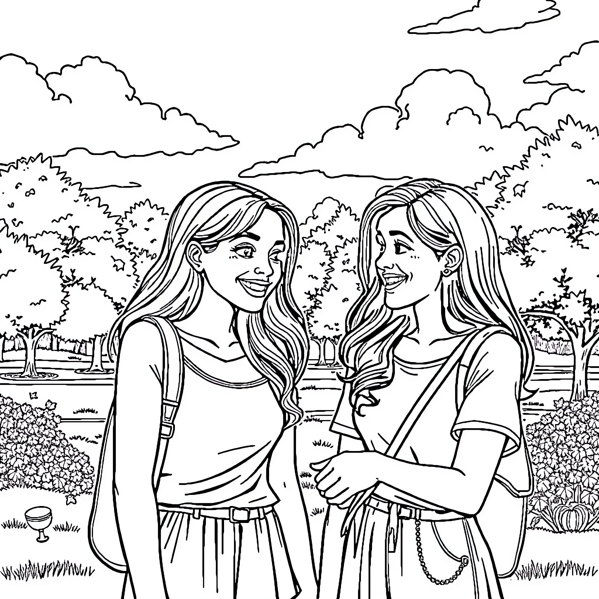 Jazmín's Joyful Adventure with a Friend Coloring Page (free black-and-white line drawing printable PDF for all, from beginners to advanced learners, including children, teens, adults, and seniors)