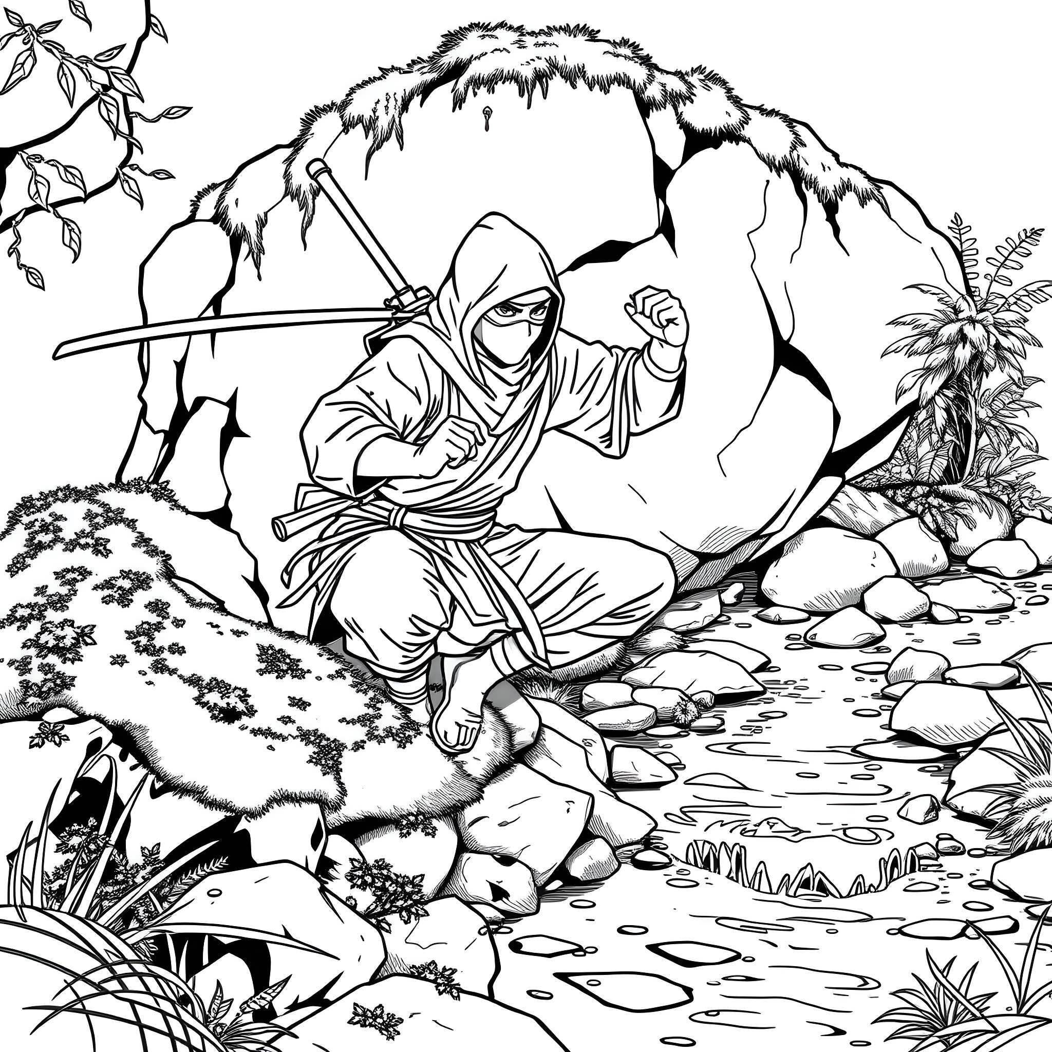Ninja warrior in zen-like nature meditation Coloring Page (free black-and-white line drawing printable PDF for all, from beginners to advanced learners, including children, teens, adults, and seniors)