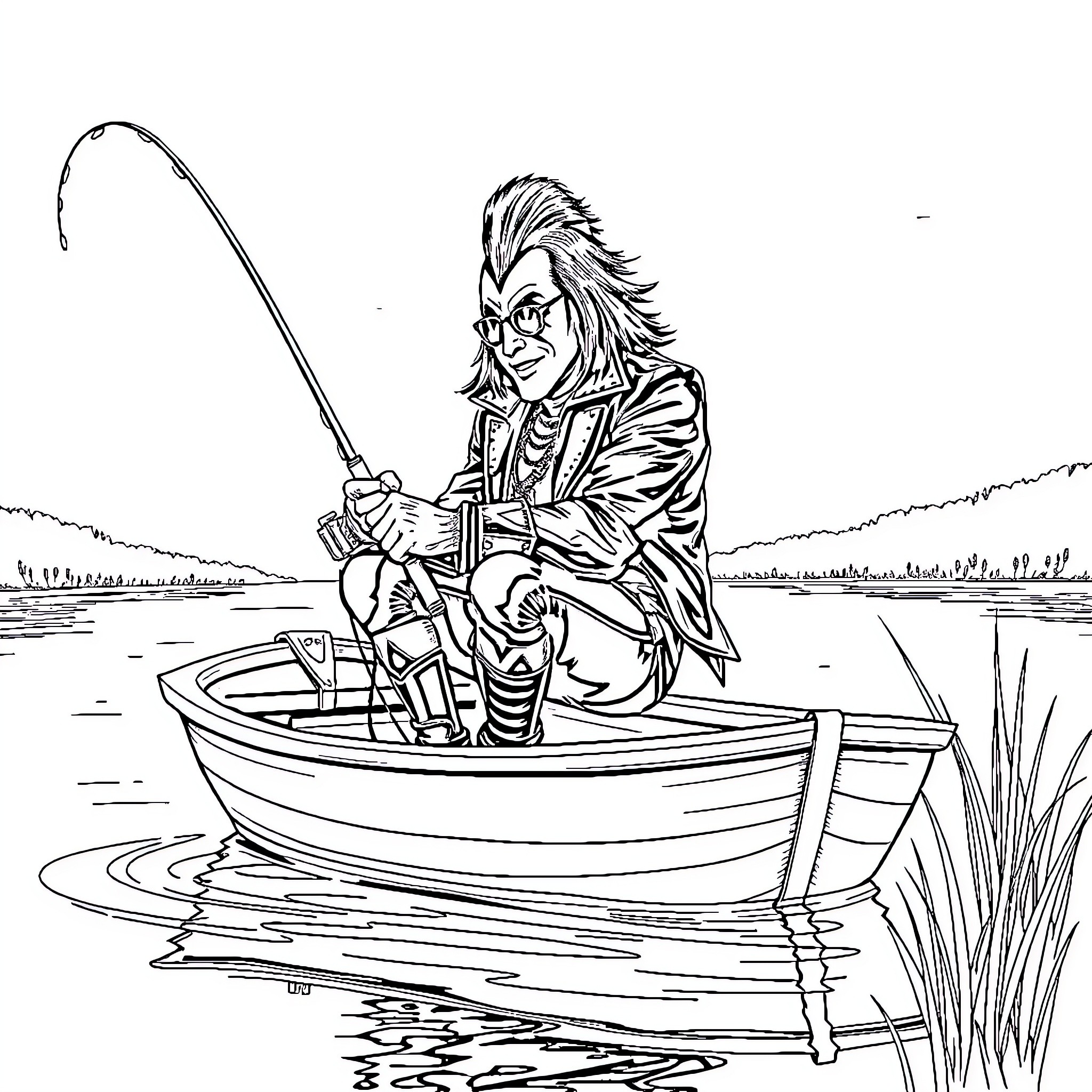 Gene Simmons fishing in a boat on the water Coloring Page (free black-and-white line drawing printable PDF for all, from beginners to advanced learners, including children, teens, adults, and seniors)
