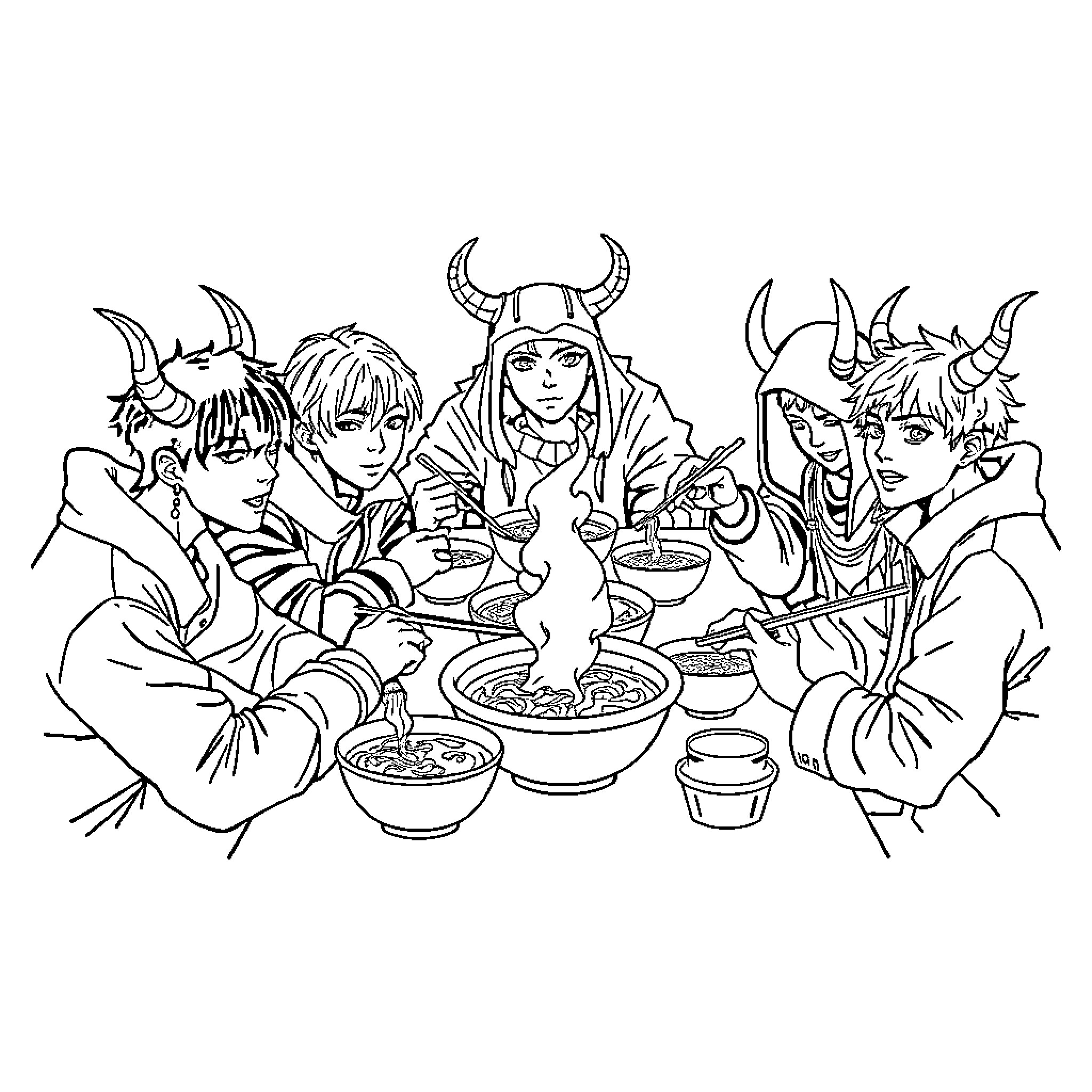Kpop Demon Hunters Enjoy a Meal Together Coloring Page (free black-and-white line drawing printable PDF for all, from beginners to advanced learners, including children, teens, adults, and seniors)