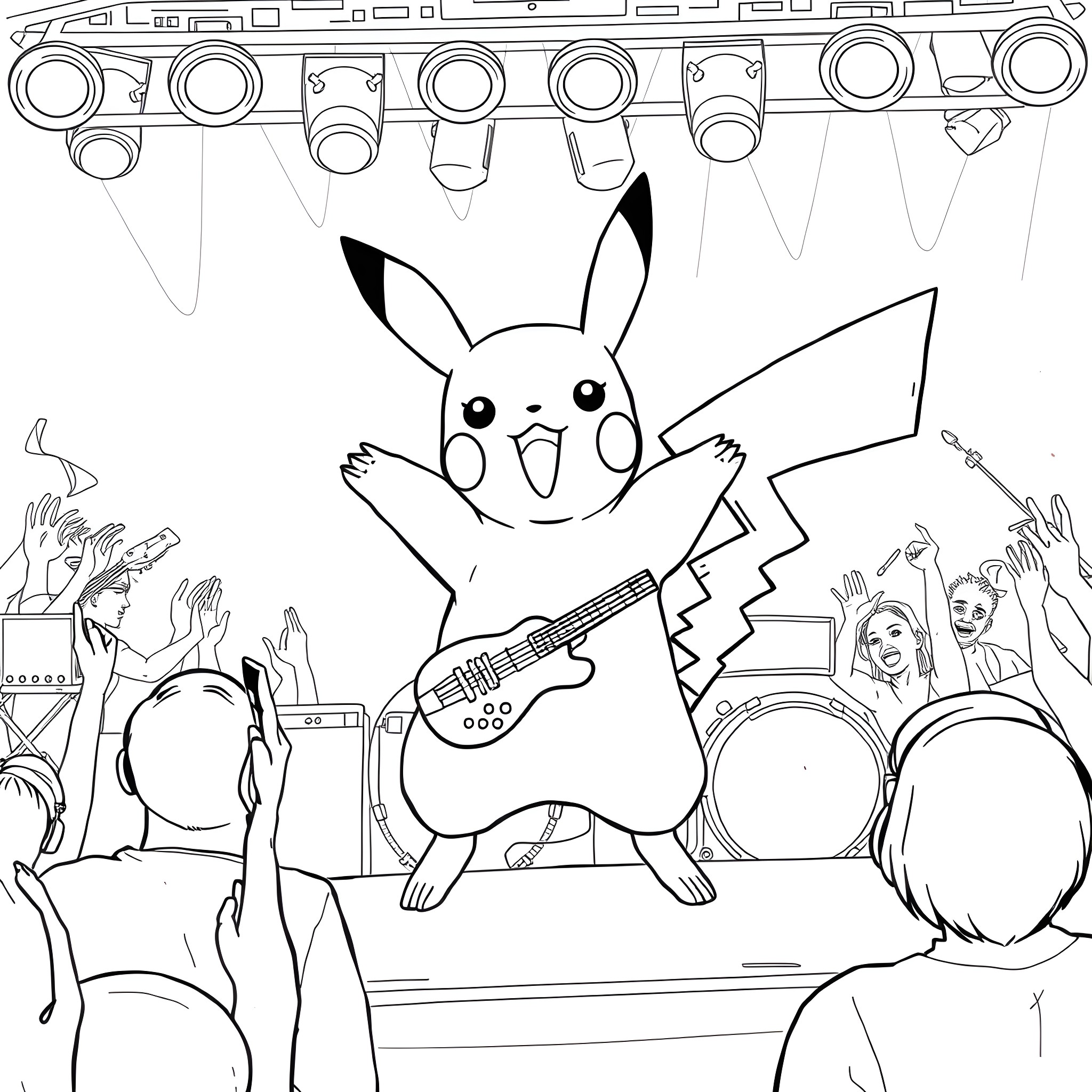Pikachu rocking out on stage with fans Coloring Page (free black-and-white line drawing printable PDF for all, from beginners to advanced learners, including children, teens, adults, and seniors)