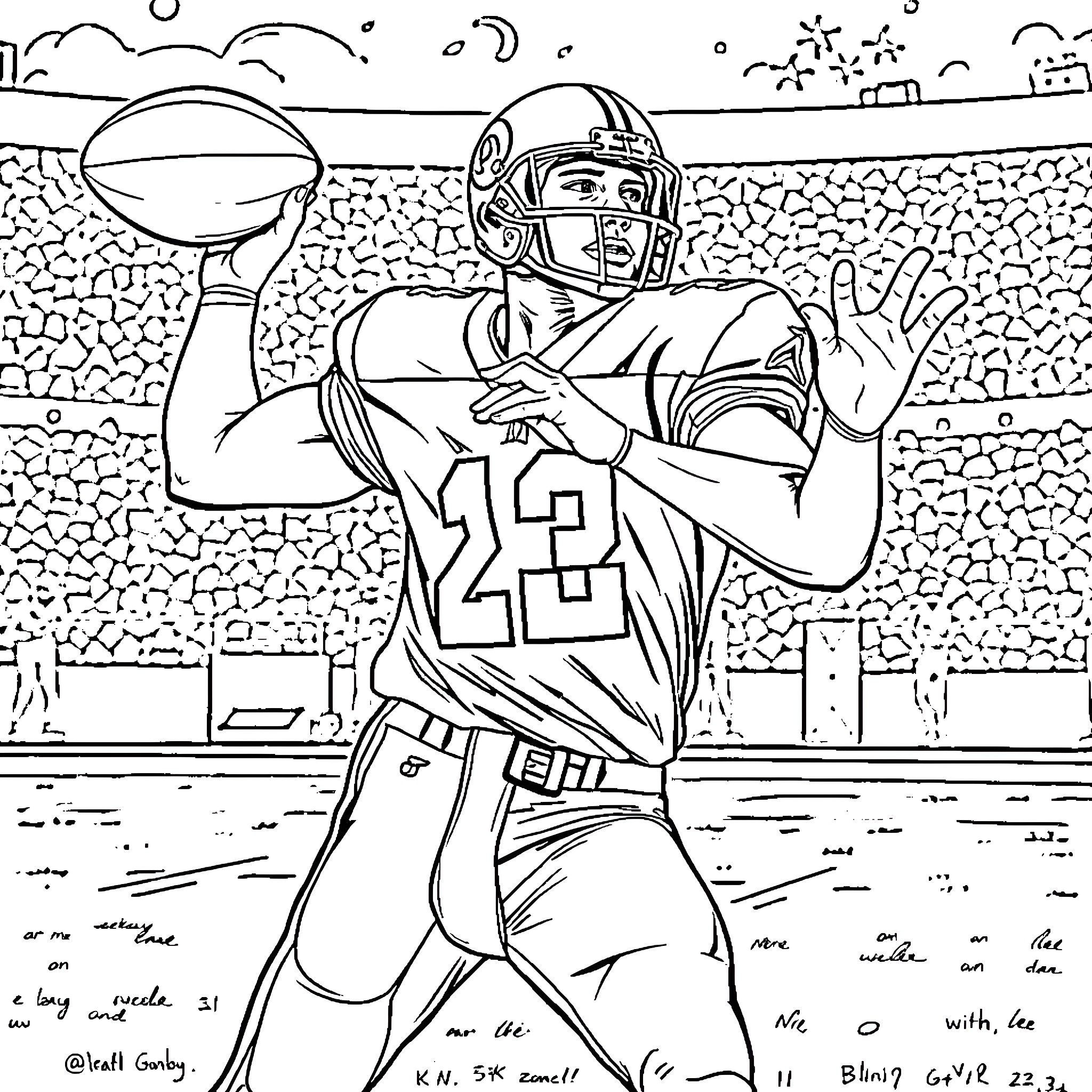 Jordan Love preparing to throw the ball on the football field Coloring Page (free black-and-white line drawing printable PDF for all, from beginners to advanced learners, including children, teens, adults, and seniors)