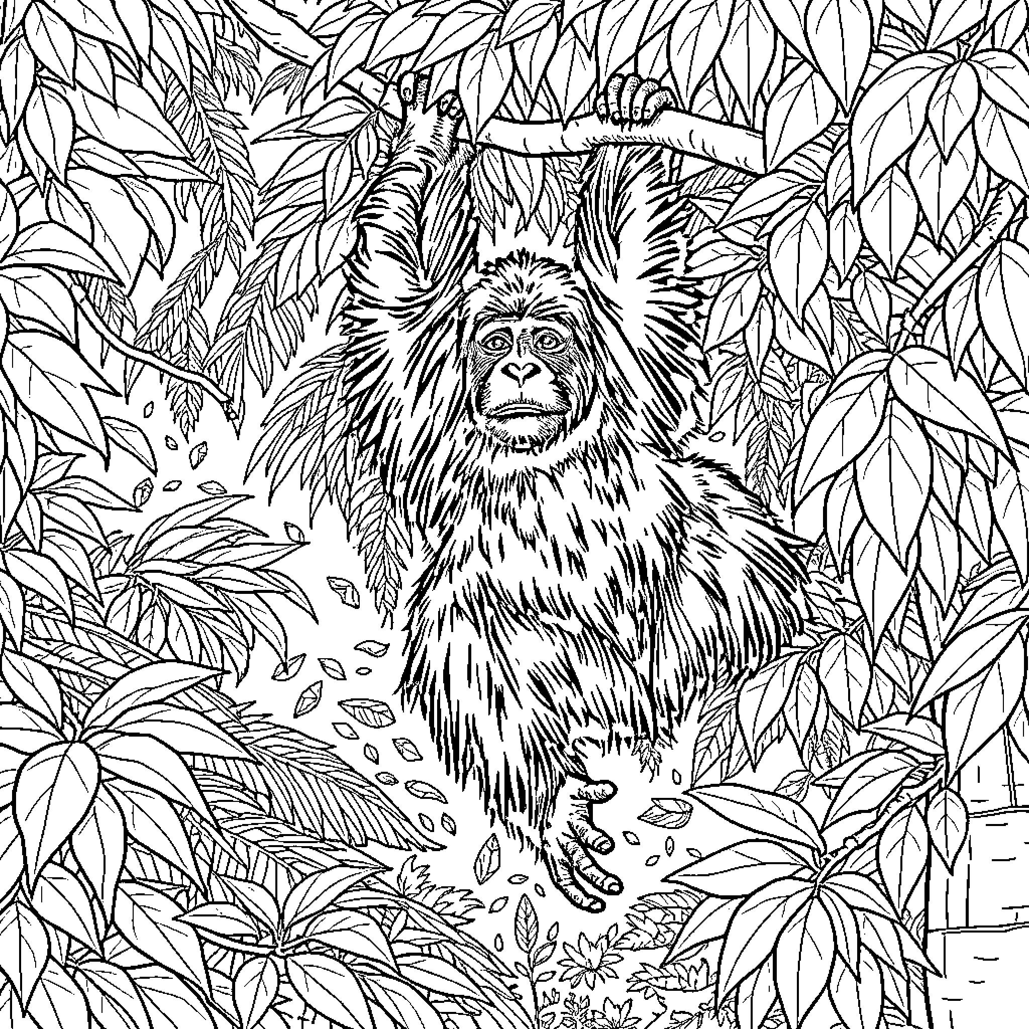 Orangutan resting amidst lush foliage Coloring Page (free black-and-white line drawing printable PDF for all, from beginners to advanced learners, including children, teens, adults, and seniors)