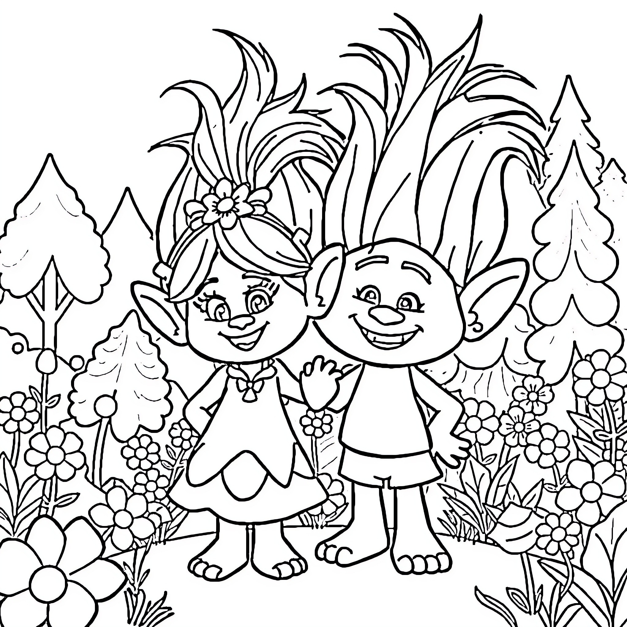 Princess Trolls in Enchanted Floral Forest Coloring Page (free black-and-white line drawing printable PDF for all, from beginners to advanced learners, including children, teens, adults, and seniors)