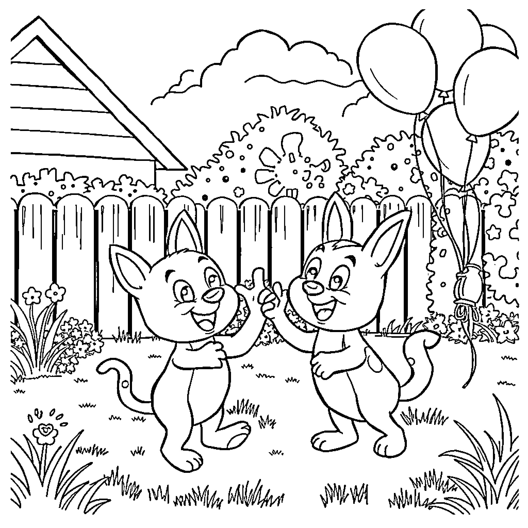 Bingo Party with Playful Rabbits and Balloons Coloring Page (free black-and-white line drawing printable PDF for all, from beginners to advanced learners, including children, teens, adults, and seniors)