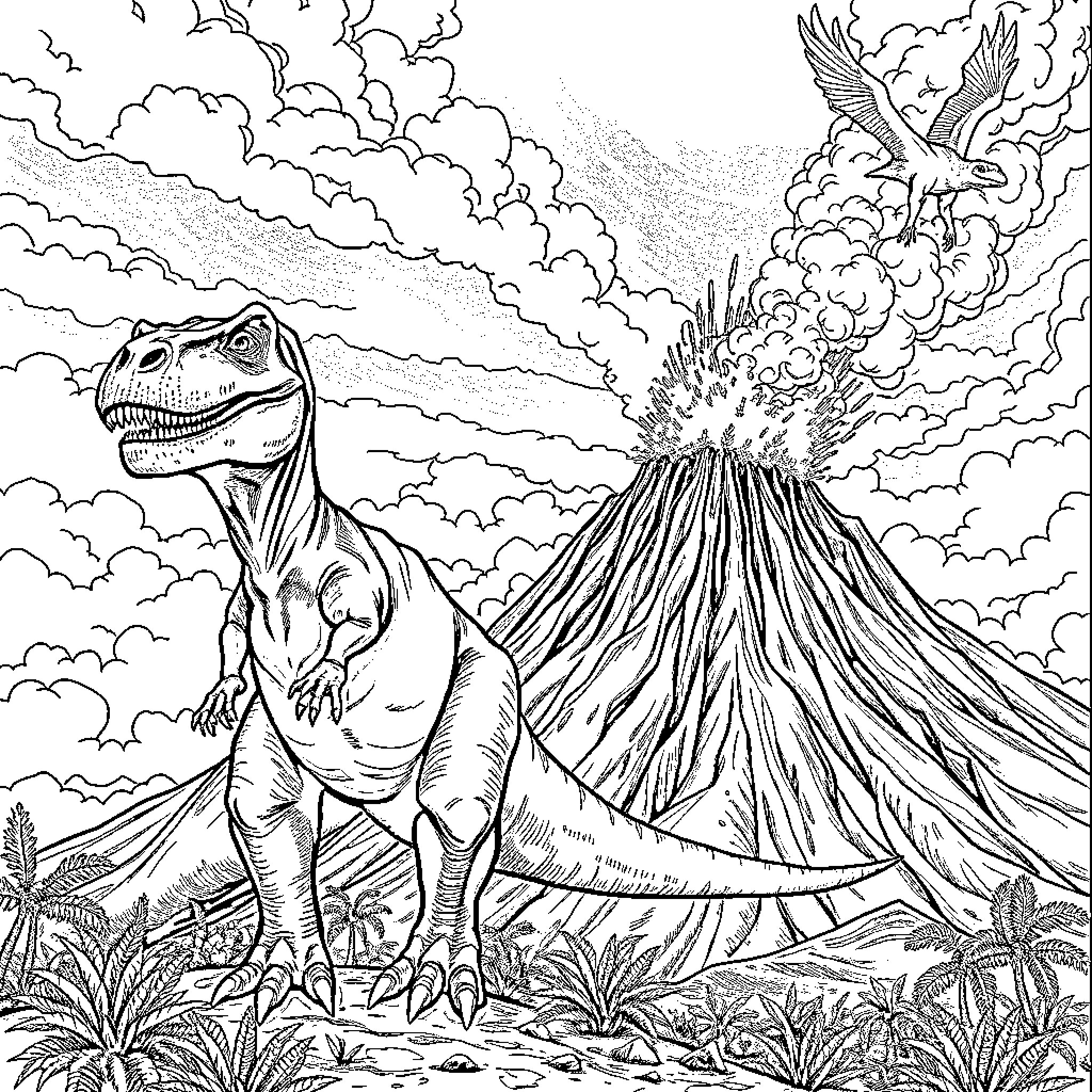 T-Rex Roaring Beside Erupting Volcano Coloring Page (free black-and-white line drawing printable PDF for all, from beginners to advanced learners, including children, teens, adults, and seniors)