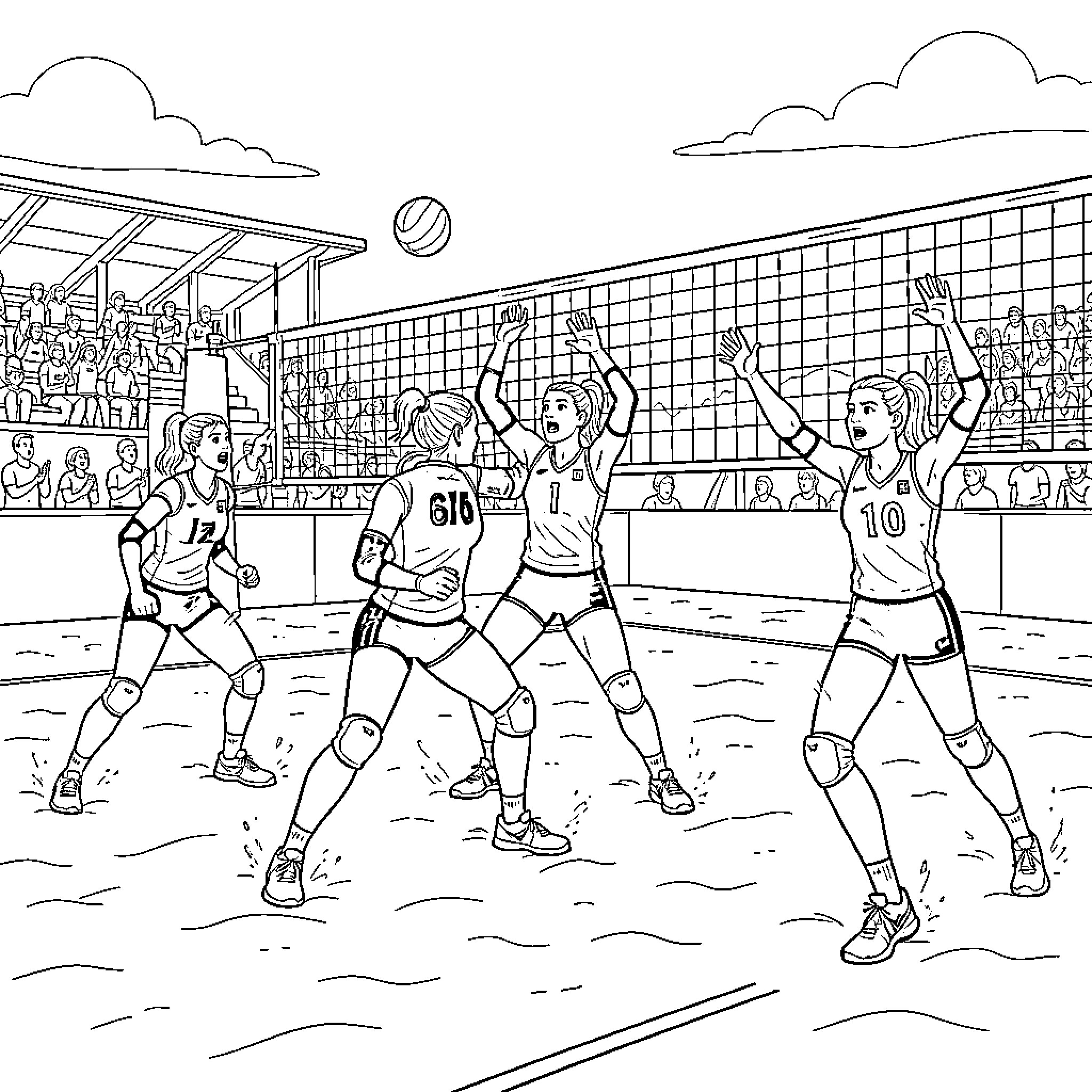 Volleyball players competing on the court Coloring Page (free black-and-white line drawing printable PDF for all, from beginners to advanced learners, including children, teens, adults, and seniors)