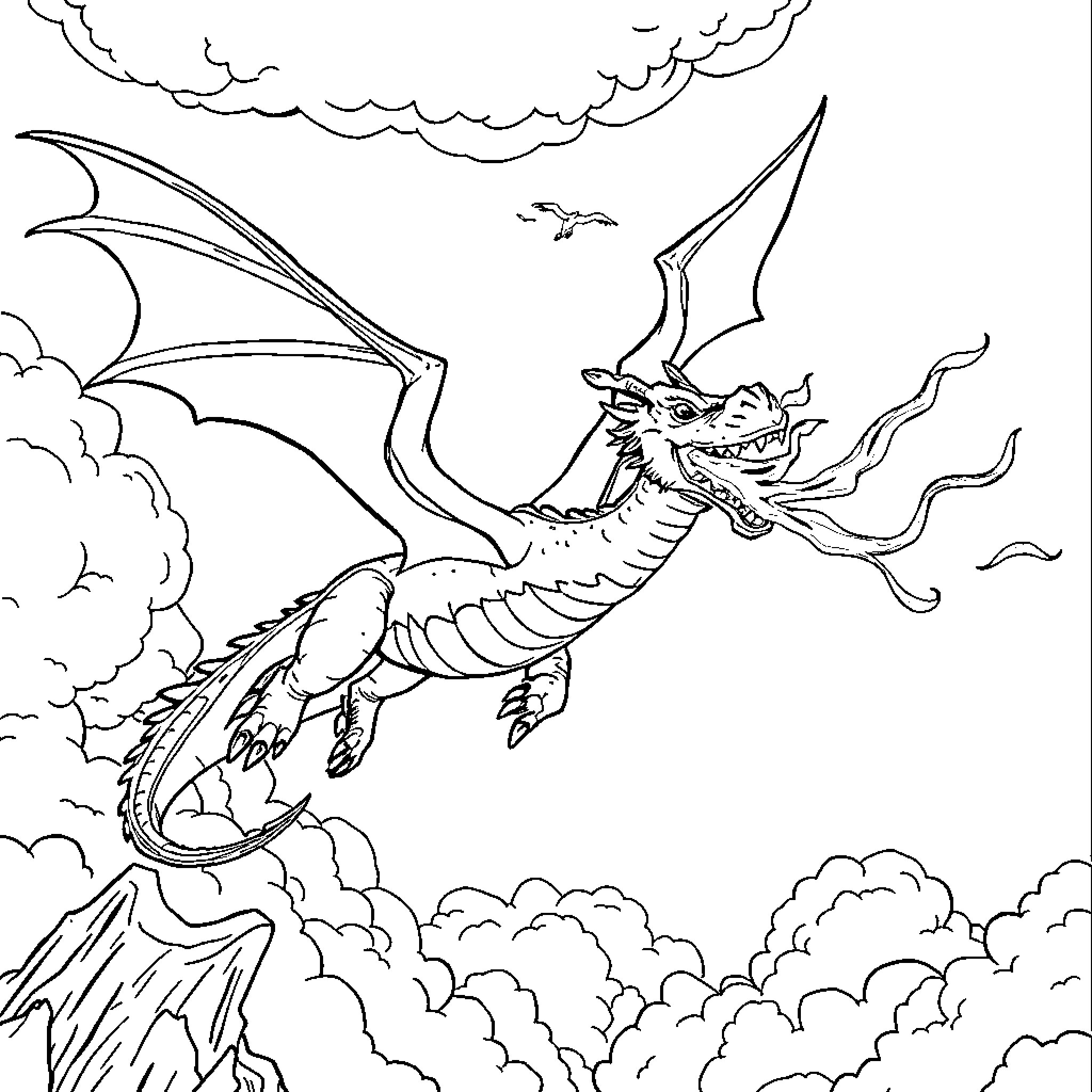 Dragon soaring through the cloudy sky Coloring Page (free black-and-white line drawing printable PDF for all, from beginners to advanced learners, including children, teens, adults, and seniors)