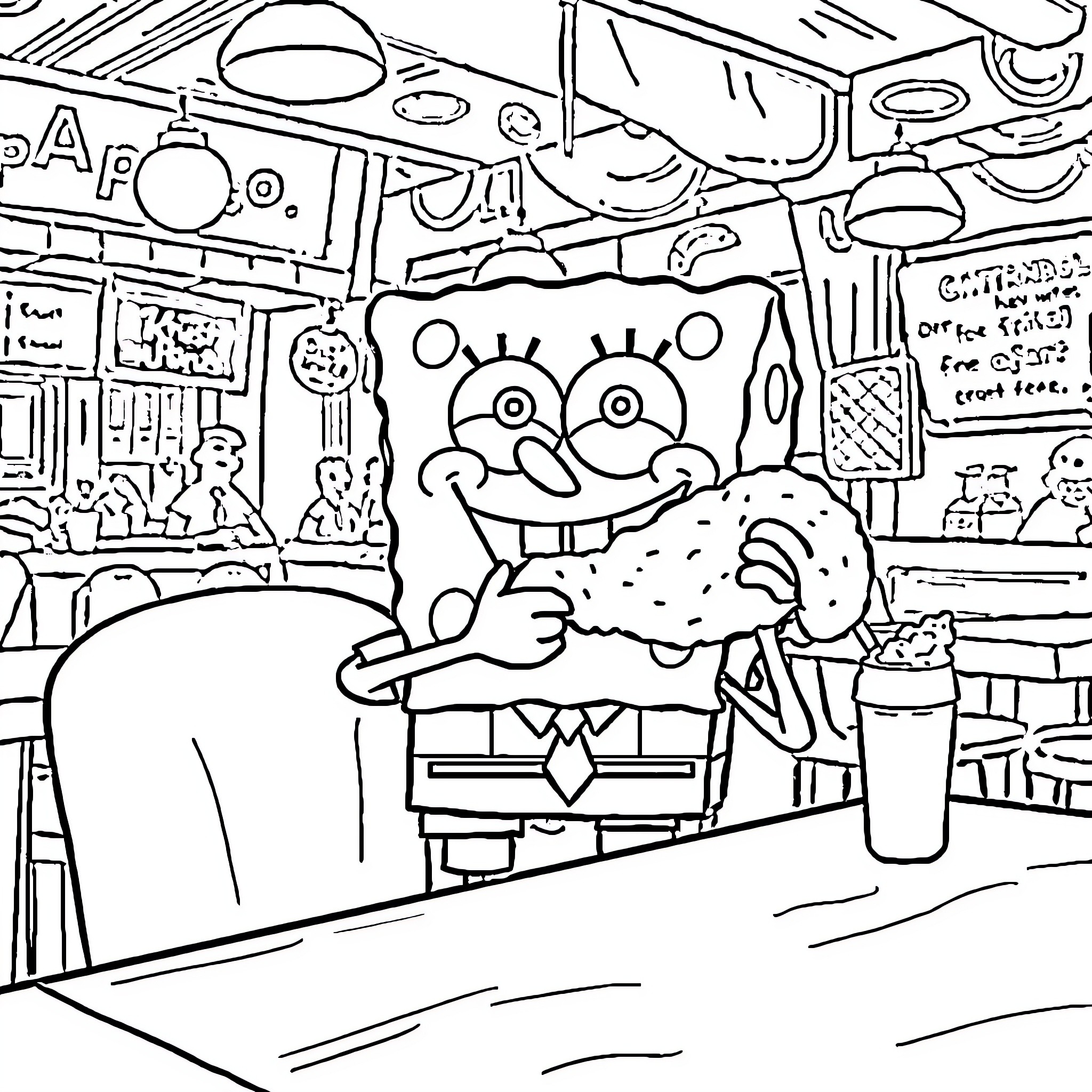 Spongebob enjoying a fun day at the cafe Coloring Page (free black-and-white line drawing printable PDF for all, from beginners to advanced learners, including children, teens, adults, and seniors)