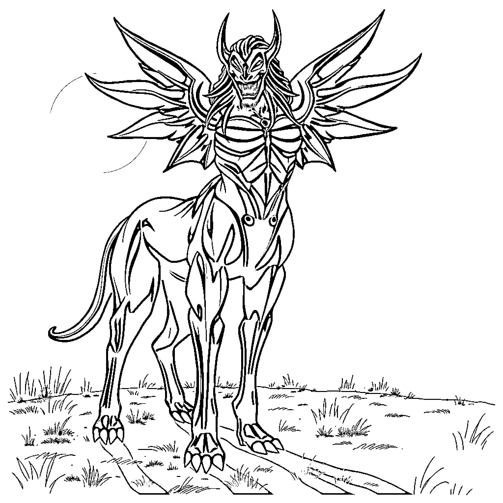 Nemesis - Fearsome Demonic Creature in the Wilderness Coloring Page (free black-and-white line drawing printable PDF for all, from beginners to advanced learners, including children, teens, adults, and seniors)