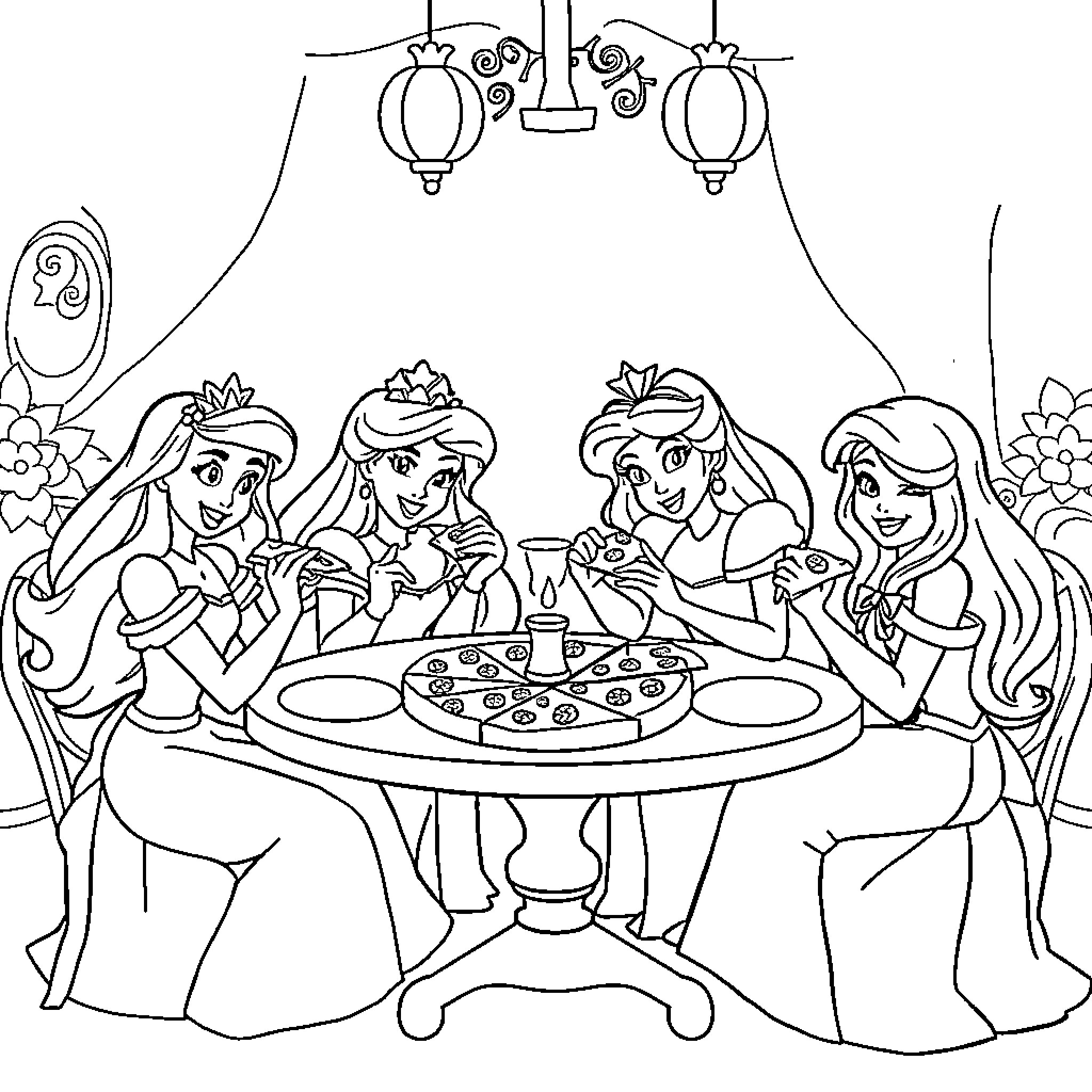 Disney Princesses Enjoying a Fancy Dinner Together Coloring Page (free black-and-white line drawing printable PDF for all, from beginners to advanced learners, including children, teens, adults, and seniors)