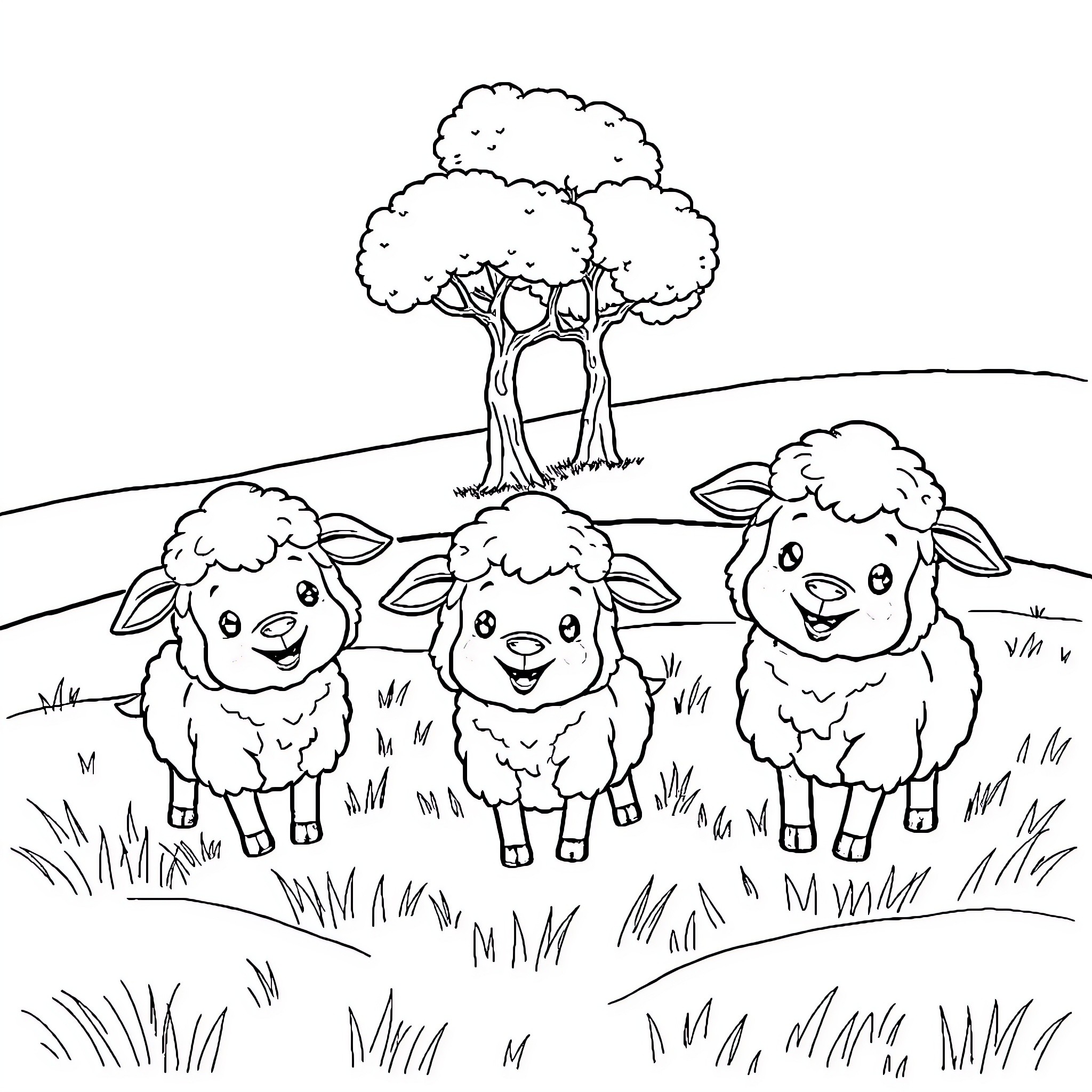 Sheep frolicking playfully in a pastoral scene Coloring Page (free black-and-white line drawing printable PDF for all, from beginners to advanced learners, including children, teens, adults, and seniors)