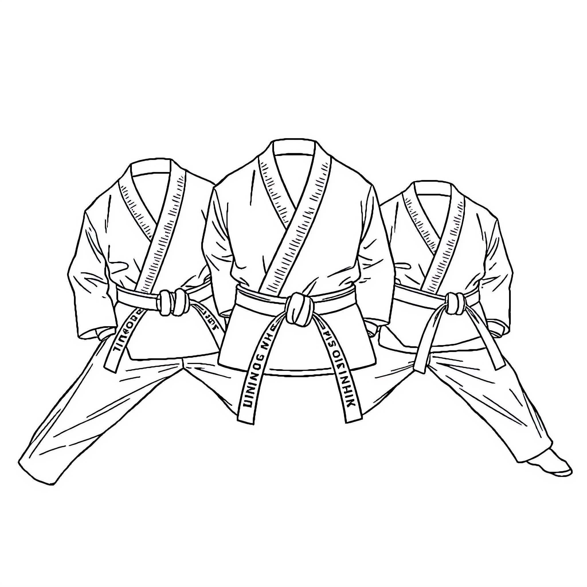 Taekwondo Belt Group Training Poses Coloring Page (free black-and-white line drawing printable PDF for all, from beginners to advanced learners, including children, teens, adults, and seniors)