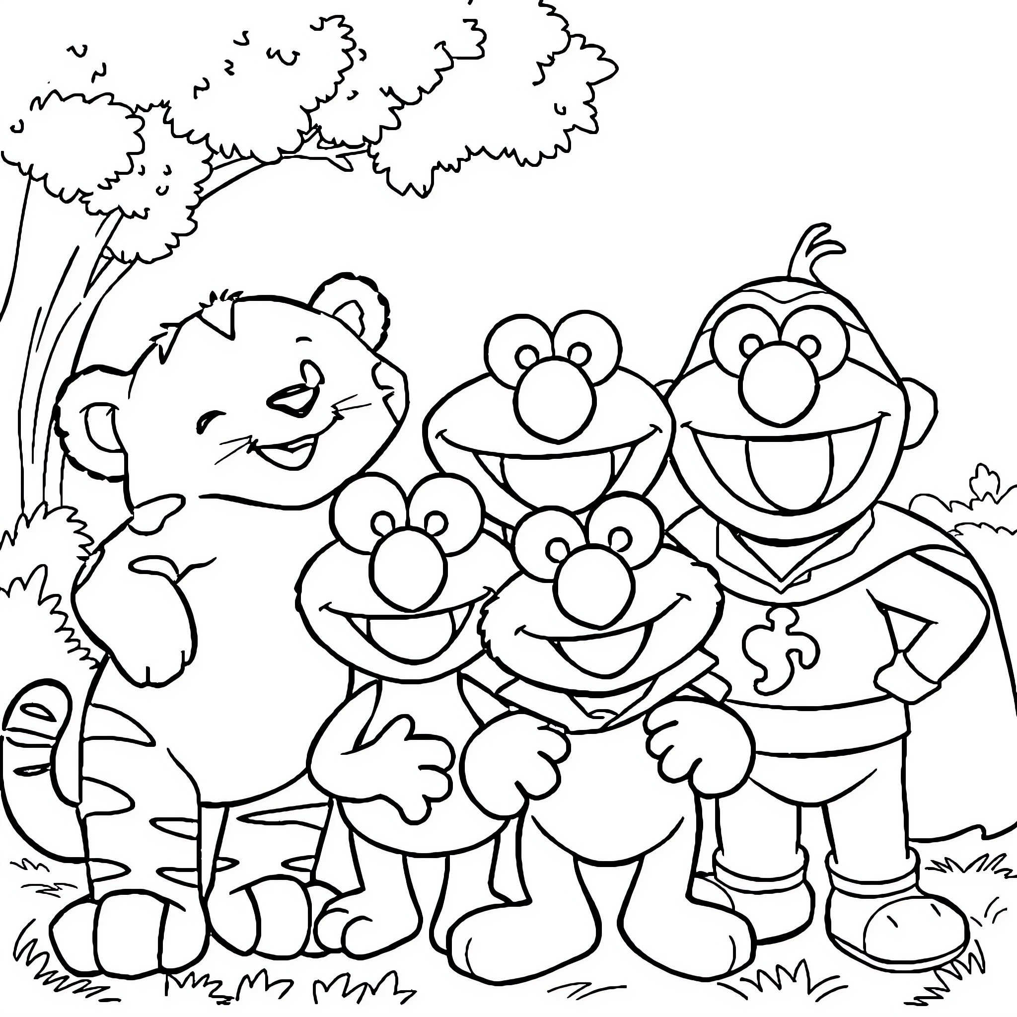 Tiger characters playing happily in the park Coloring Page (free black-and-white line drawing printable PDF for all, from beginners to advanced learners, including children, teens, adults, and seniors)