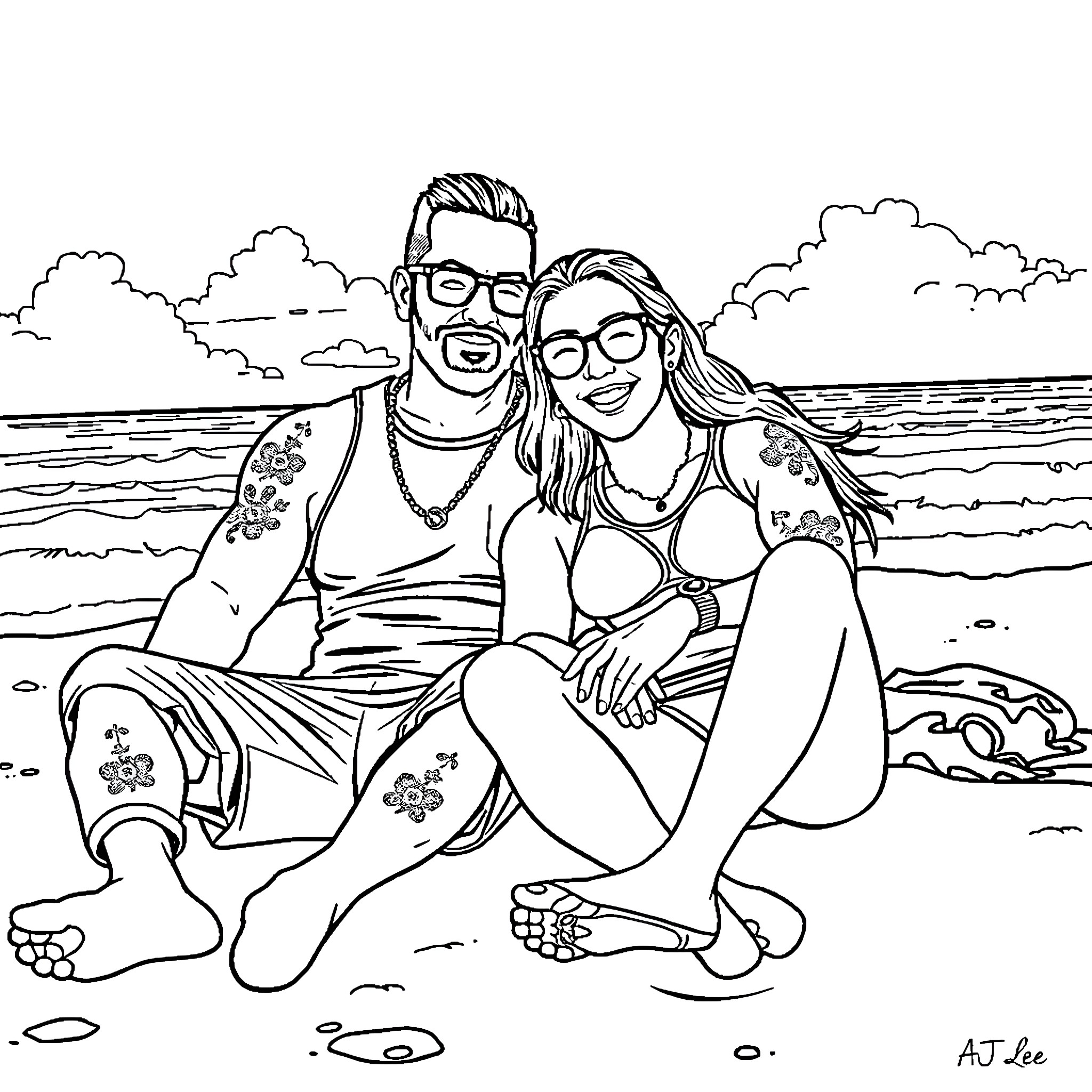 AJ Lee and companion enjoying the beach Coloring Page (free black-and-white line drawing printable PDF for all, from beginners to advanced learners, including children, teens, adults, and seniors)