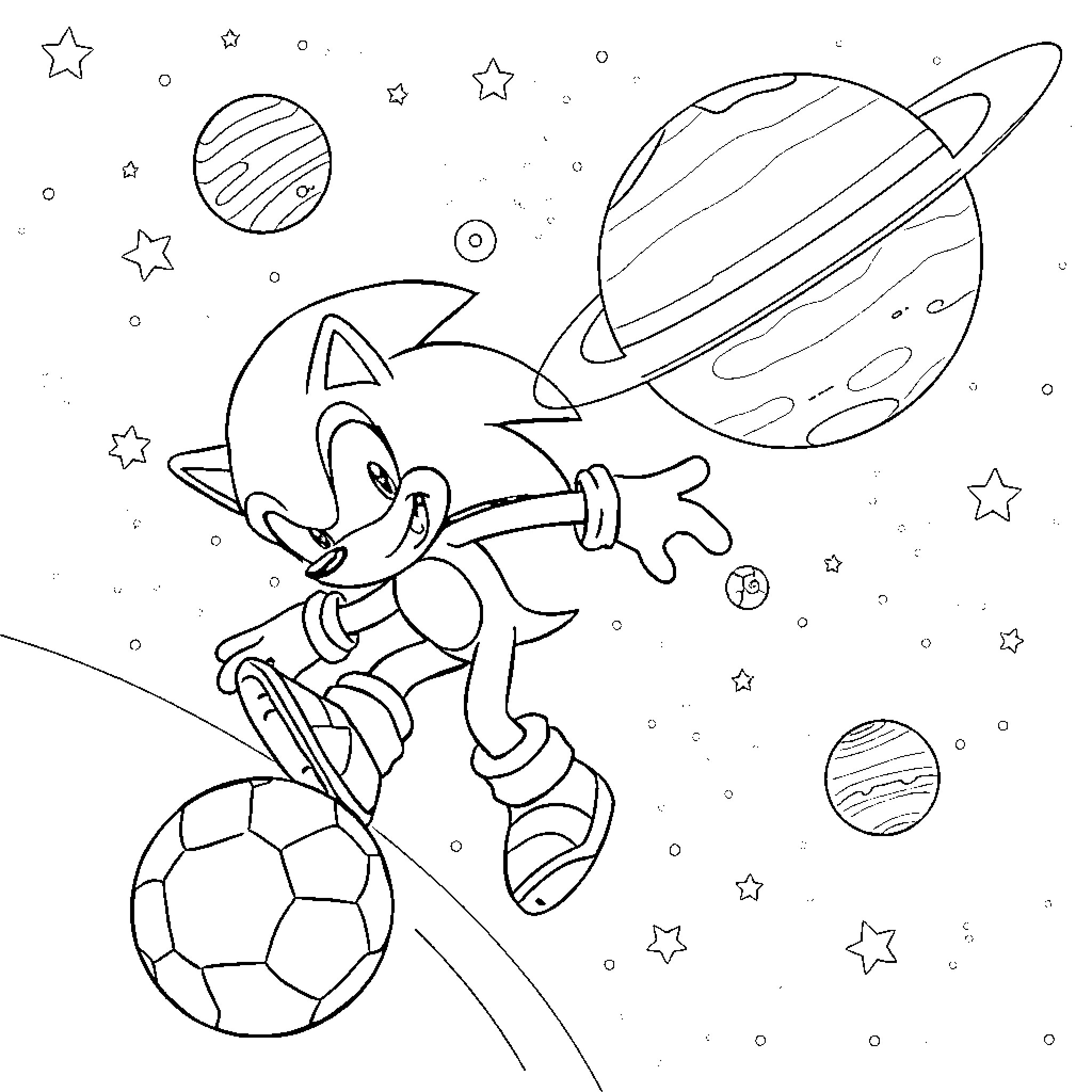 Sonic's cosmic adventure with planets and stars Coloring Page (free black-and-white line drawing printable PDF for all, from beginners to advanced learners, including children, teens, adults, and seniors)