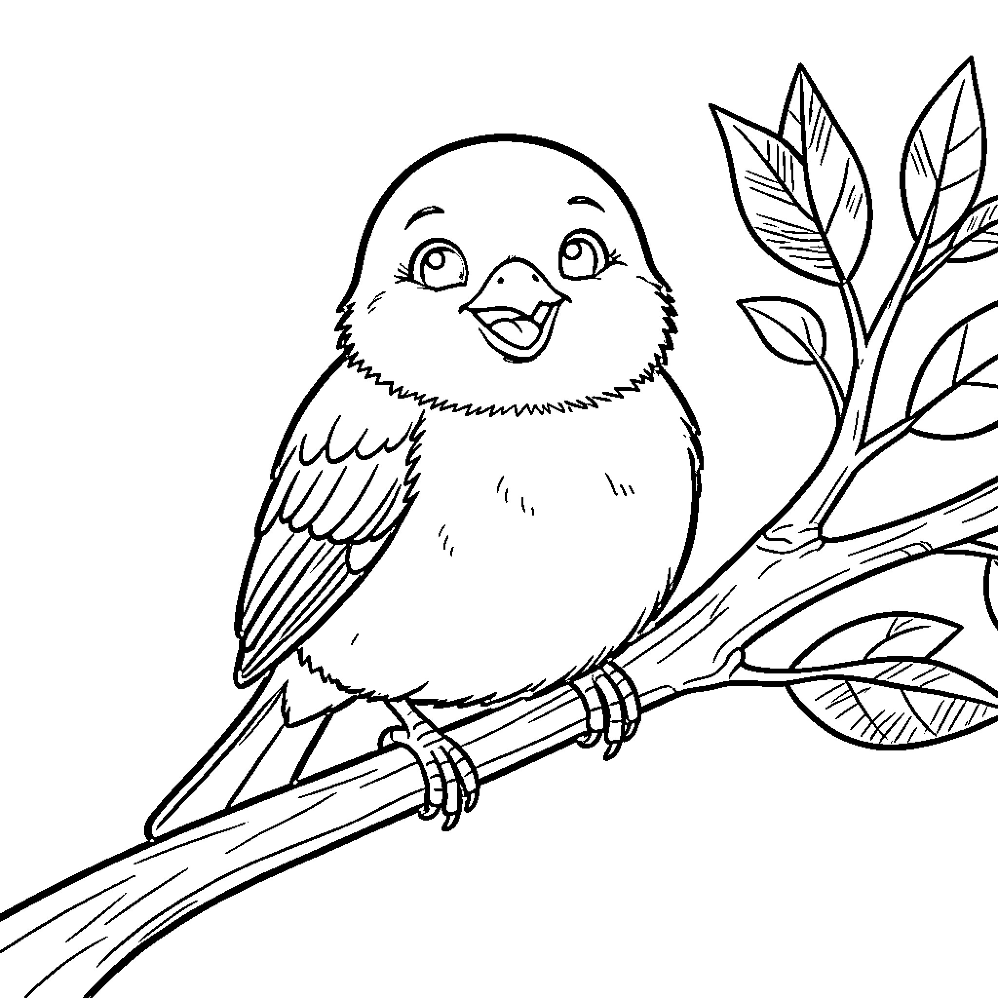 Sparrow perching happily on a branch Coloring Page (free black-and-white line drawing printable PDF for all, from beginners to advanced learners, including children, teens, adults, and seniors)