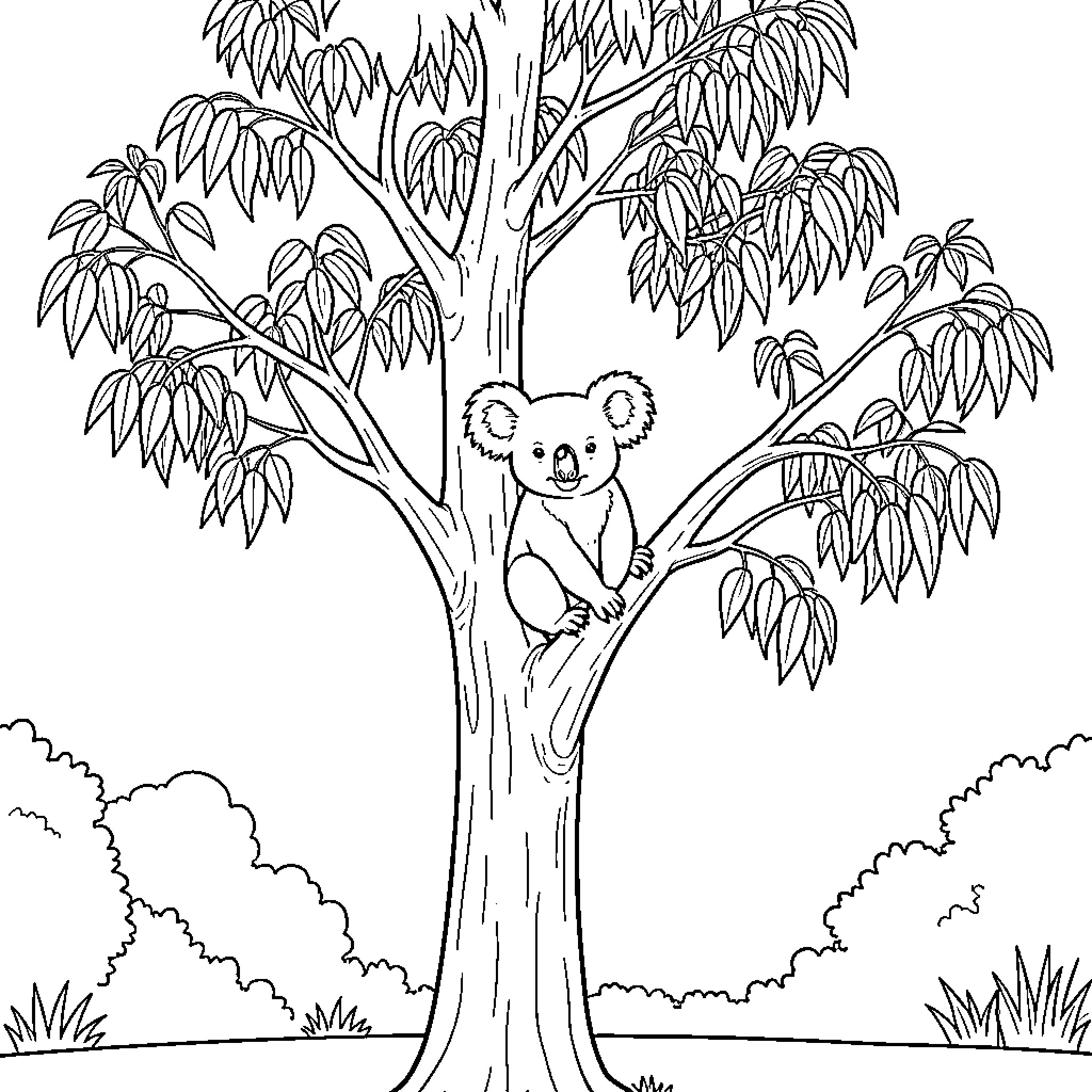Koala climbing and resting on a large tree branch Coloring Page (free black-and-white line drawing printable PDF for all, from beginners to advanced learners, including children, teens, adults, and seniors)