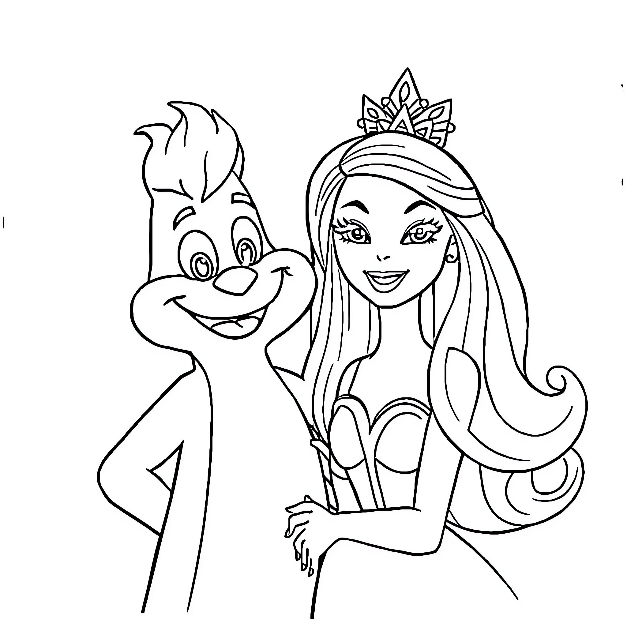 Bob l'éponge and a Princess in a Whimsical Scene Coloring Page (free black-and-white line drawing printable PDF for all, from beginners to advanced learners, including children, teens, adults, and seniors)