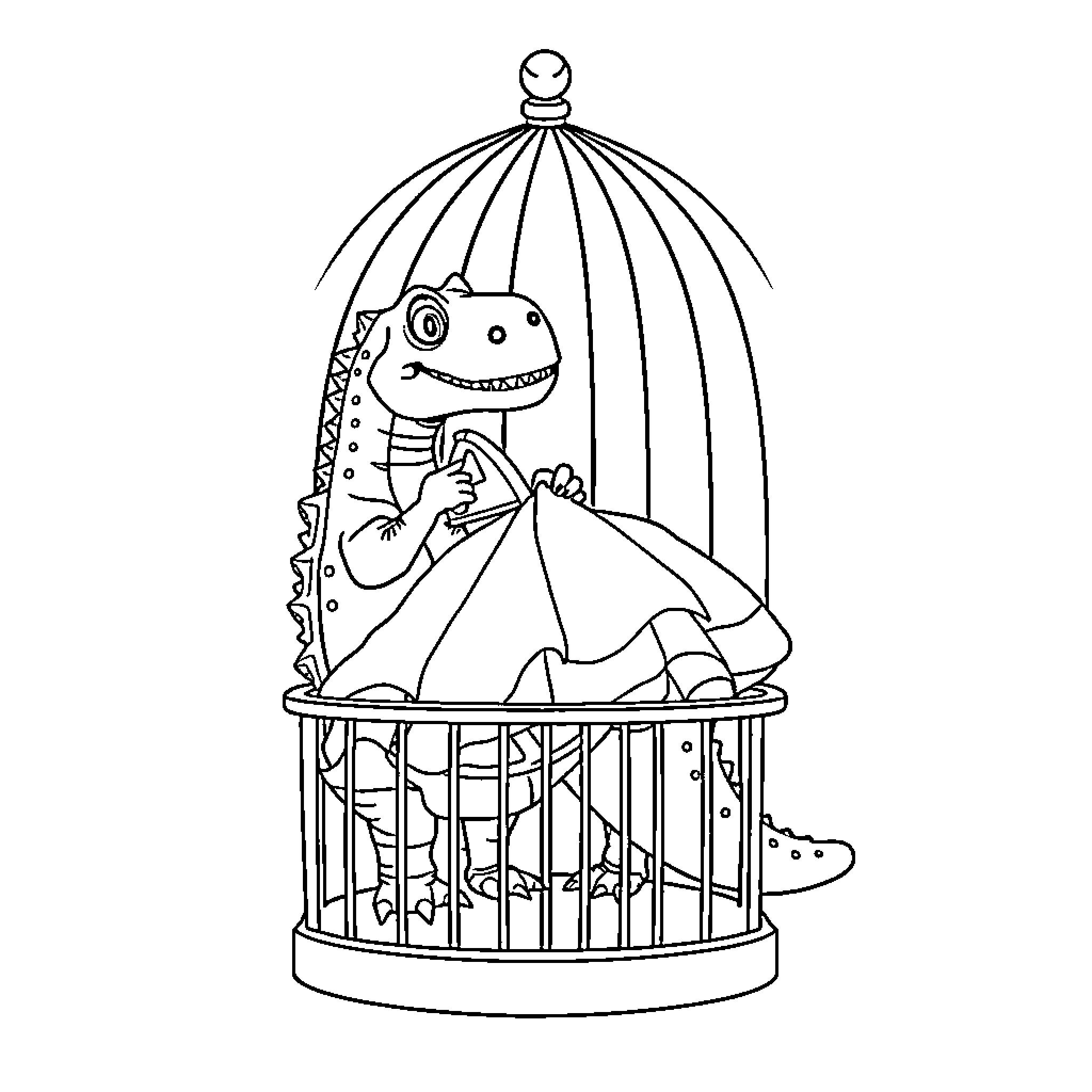 Dinosaur in a whimsical birdcage Coloring Page (free black-and-white line drawing printable PDF for all, from beginners to advanced learners, including children, teens, adults, and seniors)