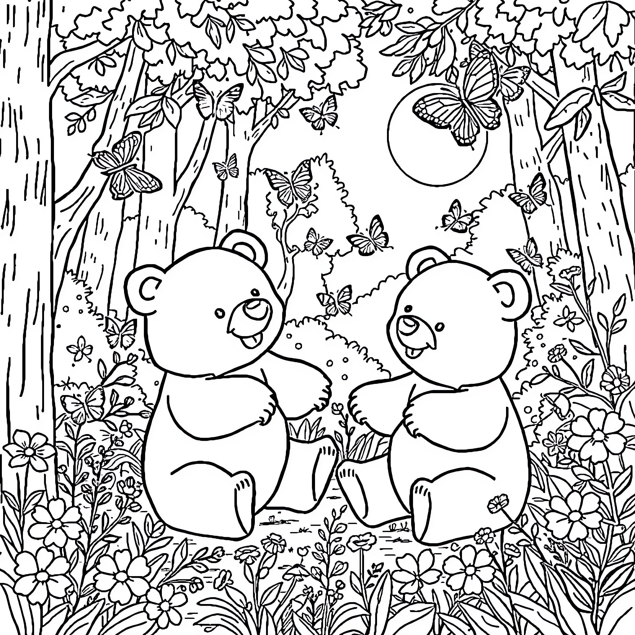Bear cubs playing in a magical forest Coloring Page (free black-and-white line drawing printable PDF for all, from beginners to advanced learners, including children, teens, adults, and seniors)