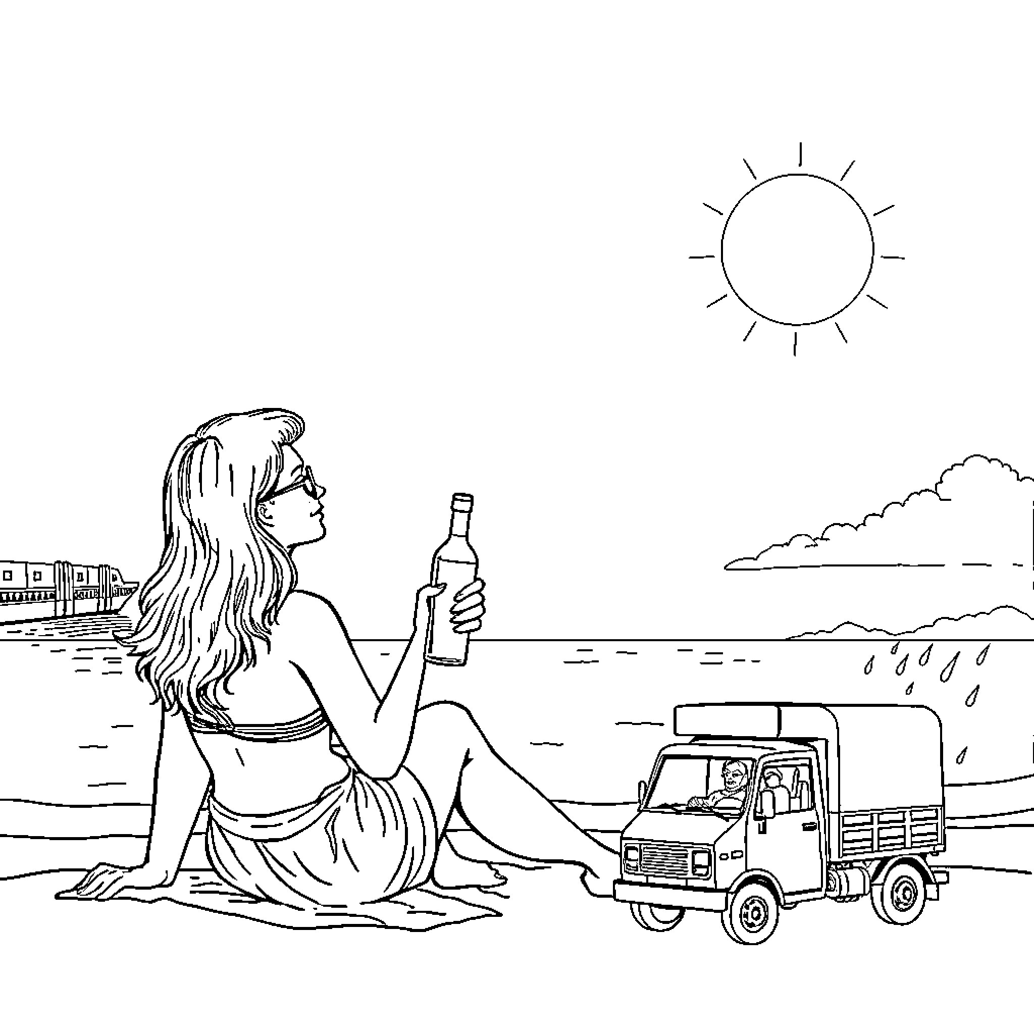 Woman relaxing on the beach with a drink Coloring Page (free black-and-white line drawing printable PDF for all, from beginners to advanced learners, including children, teens, adults, and seniors)