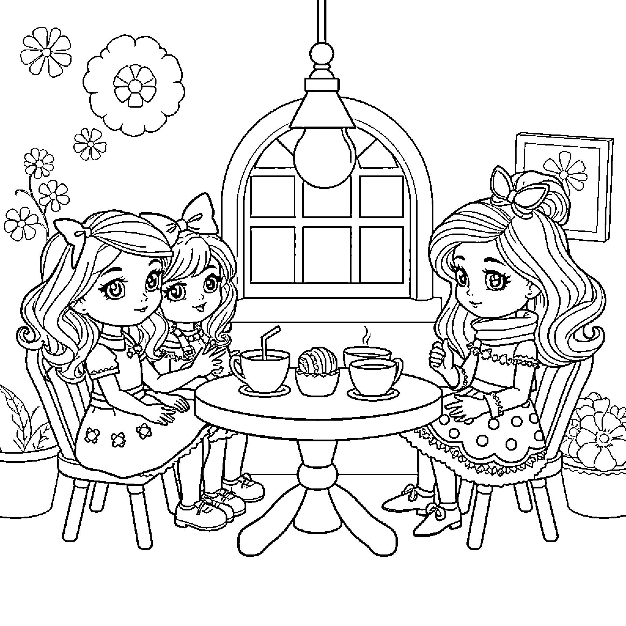 Dollhouse Tea Party with Cheerful Girls Coloring Page (free black-and-white line drawing printable PDF for all, from beginners to advanced learners, including children, teens, adults, and seniors)