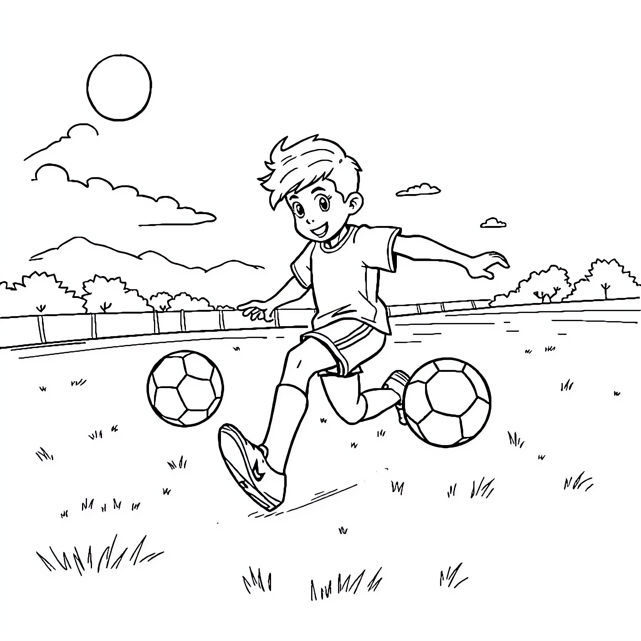 Character playing with soccer balls in the park Coloring Page (free black-and-white line drawing printable PDF for all, from beginners to advanced learners, including children, teens, adults, and seniors)