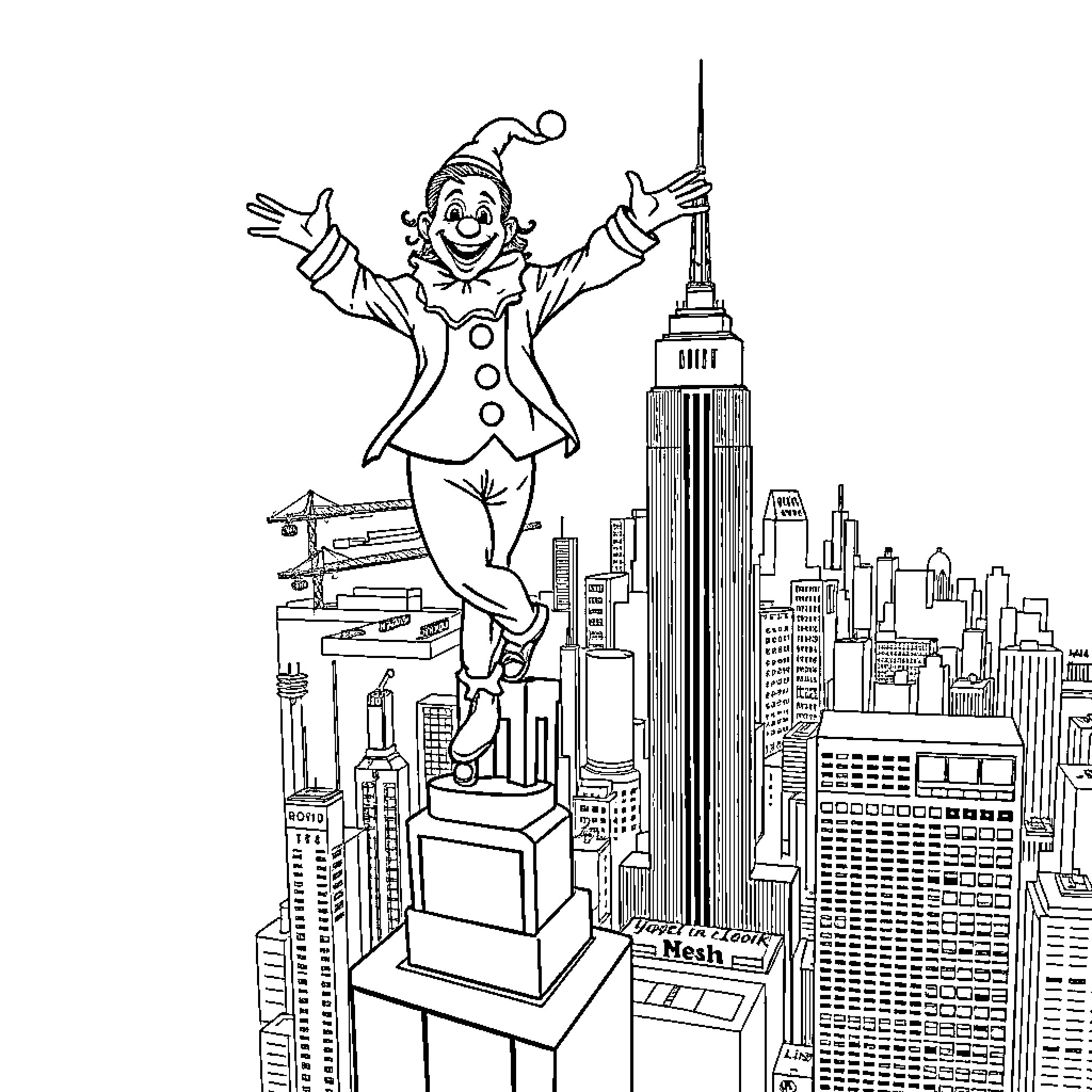 Clown Performing Acrobatics in New York City Skyline Coloring Page (free black-and-white line drawing printable PDF for all, from beginners to advanced learners, including children, teens, adults, and seniors)
